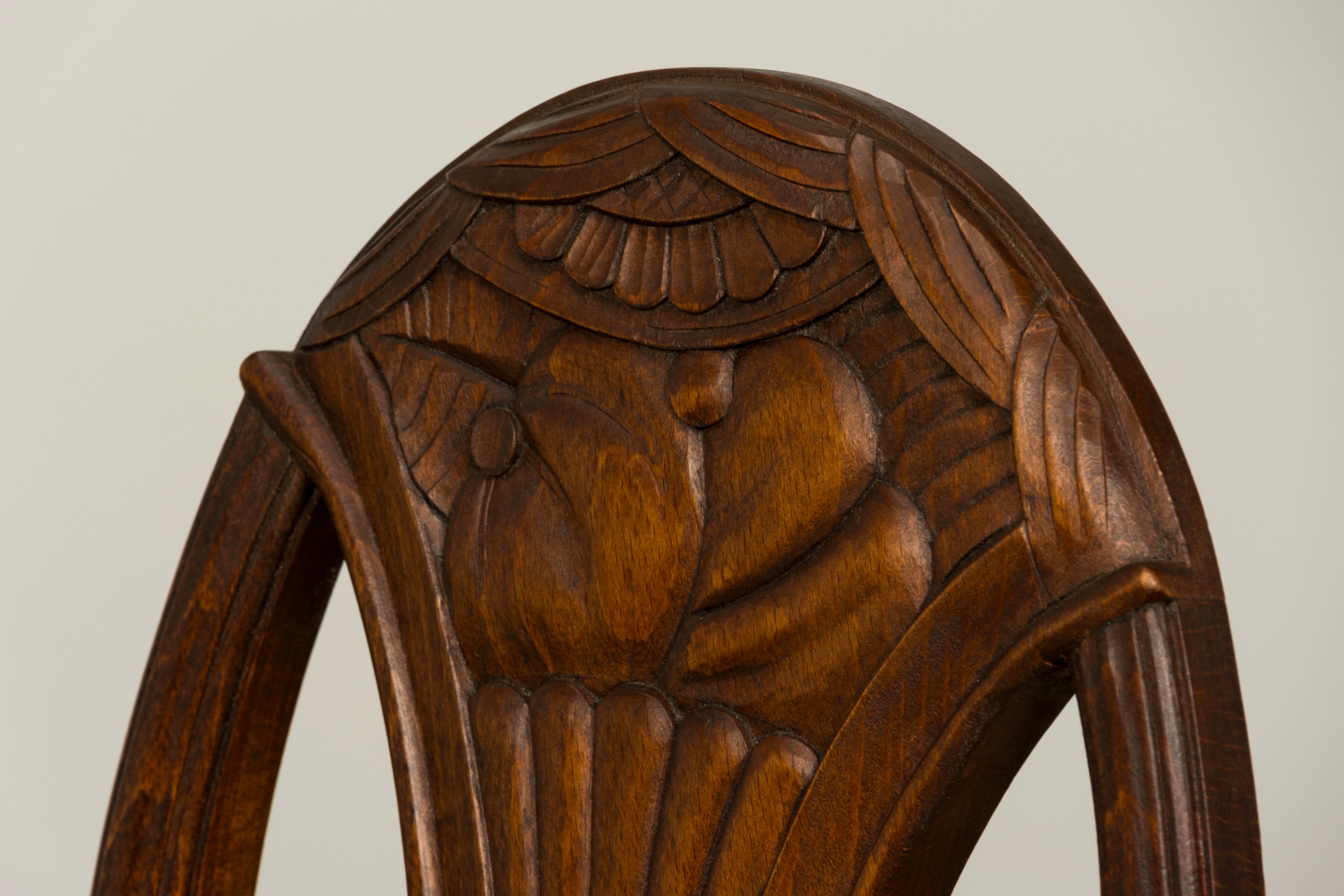 1930s Set of Six French Art Deco Carved Maple & Cane Dining Chairs