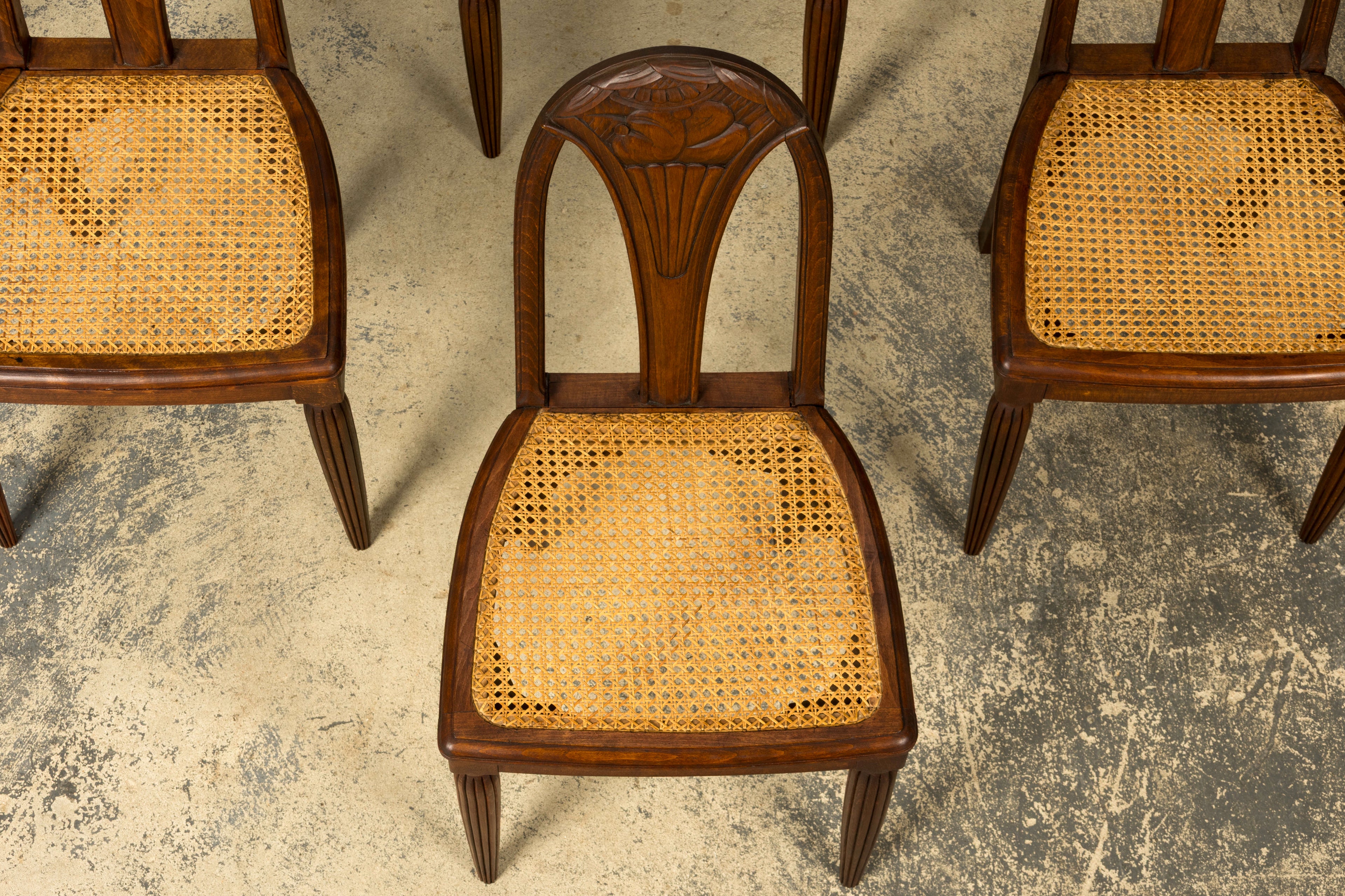 1930s Set of Six French Art Deco Carved Maple & Cane Dining Chairs