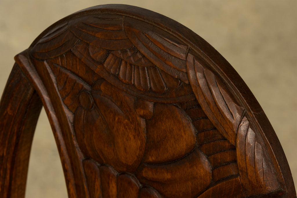 1930s Set of Six French Art Deco Carved Maple & Cane Dining Chairs