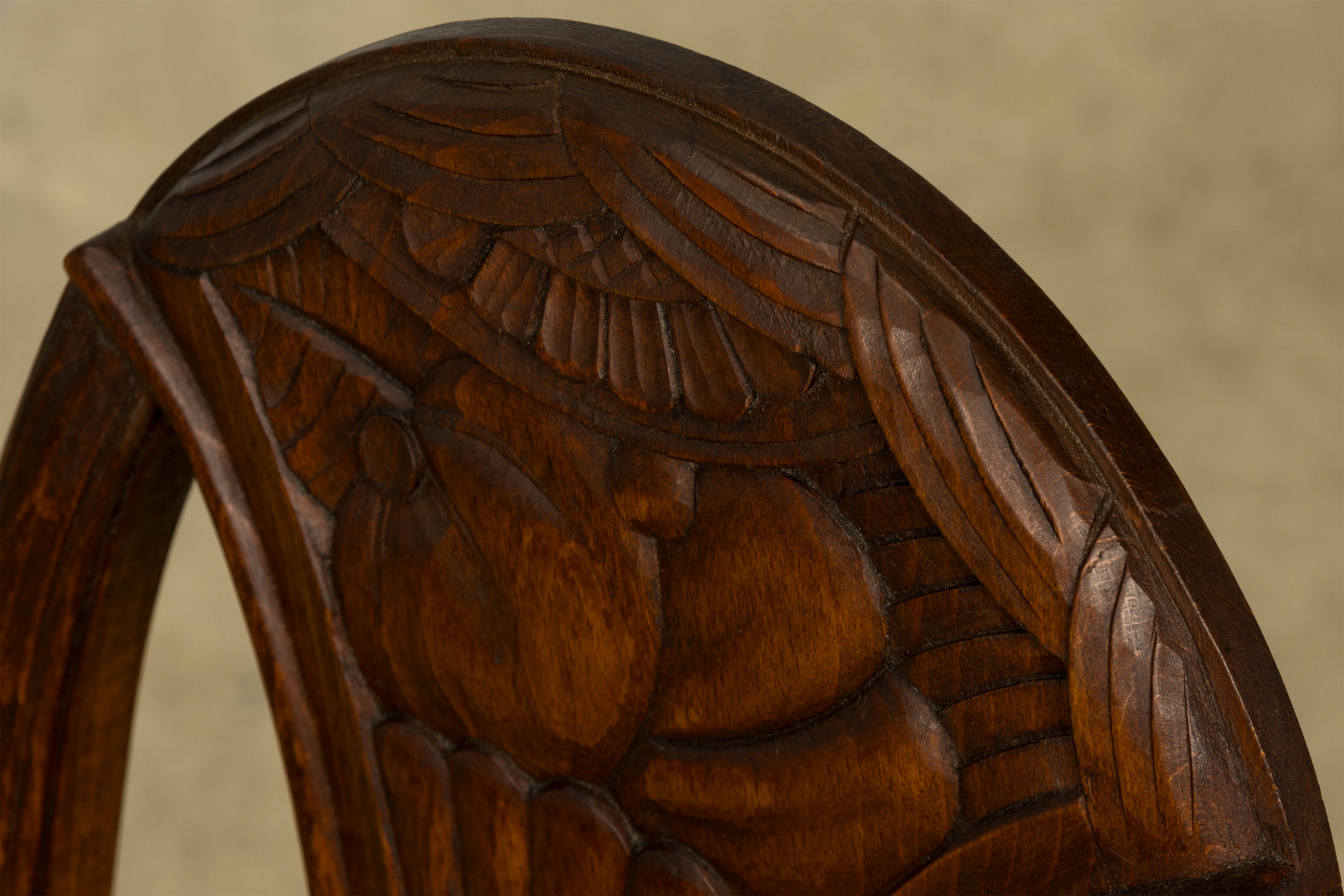 1930s Set of Six French Art Deco Carved Maple & Cane Dining Chairs