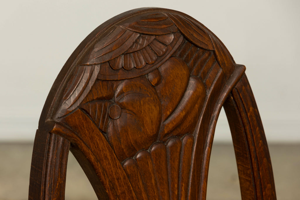 1930s Set of Six French Art Deco Carved Maple & Cane Dining Chairs