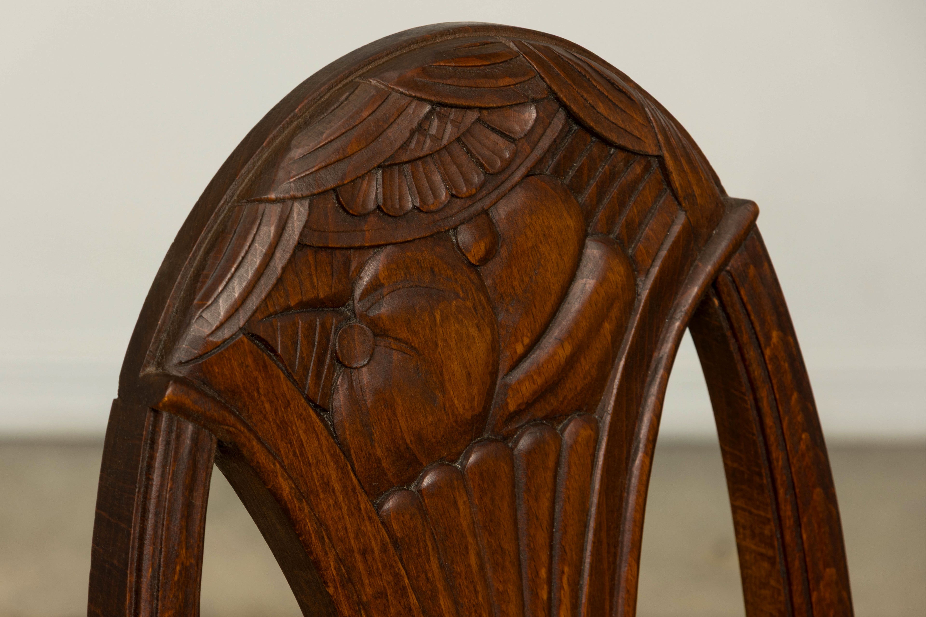 1930s Set of Six French Art Deco Carved Maple & Cane Dining Chairs