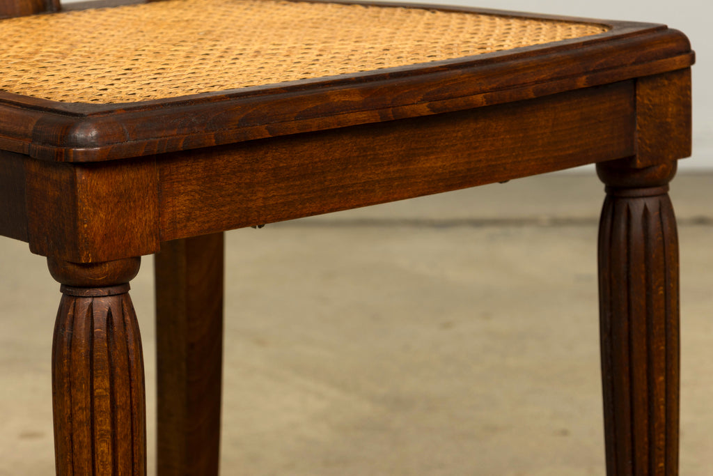 1930s Set of Six French Art Deco Carved Maple & Cane Dining Chairs