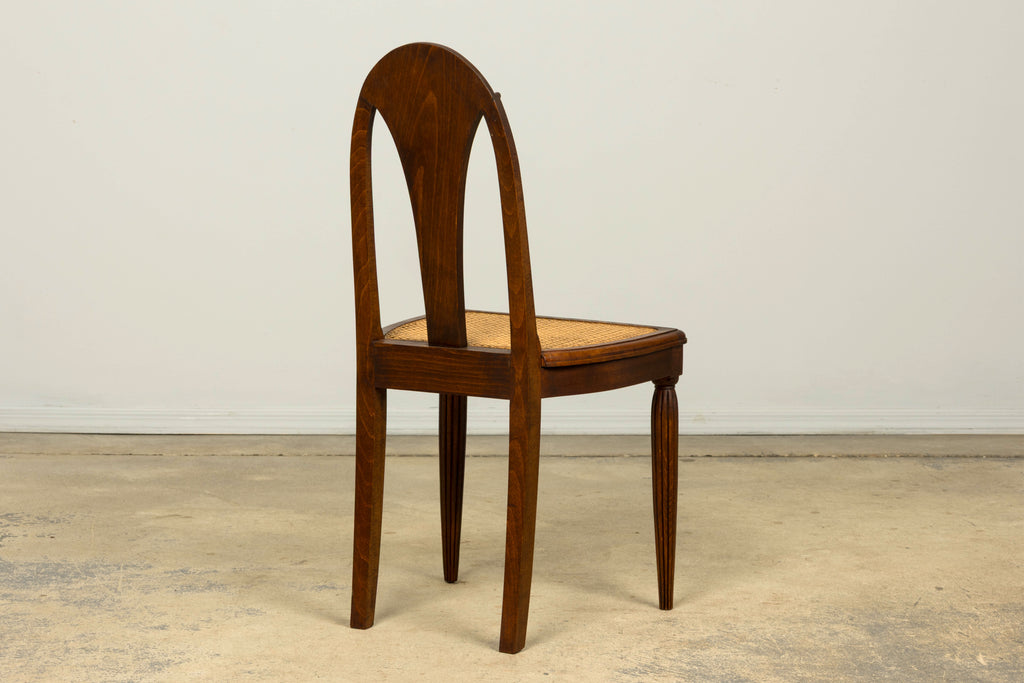 1930s Set of Six French Art Deco Carved Maple & Cane Dining Chairs