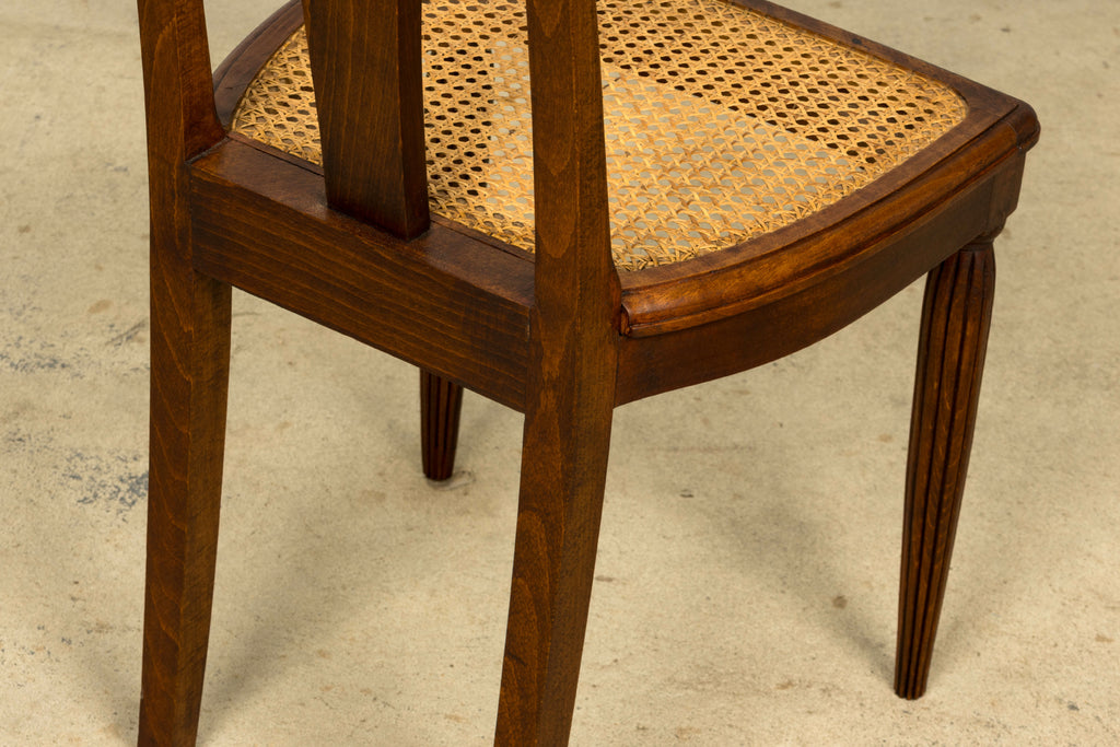 1930s Set of Six French Art Deco Carved Maple & Cane Dining Chairs