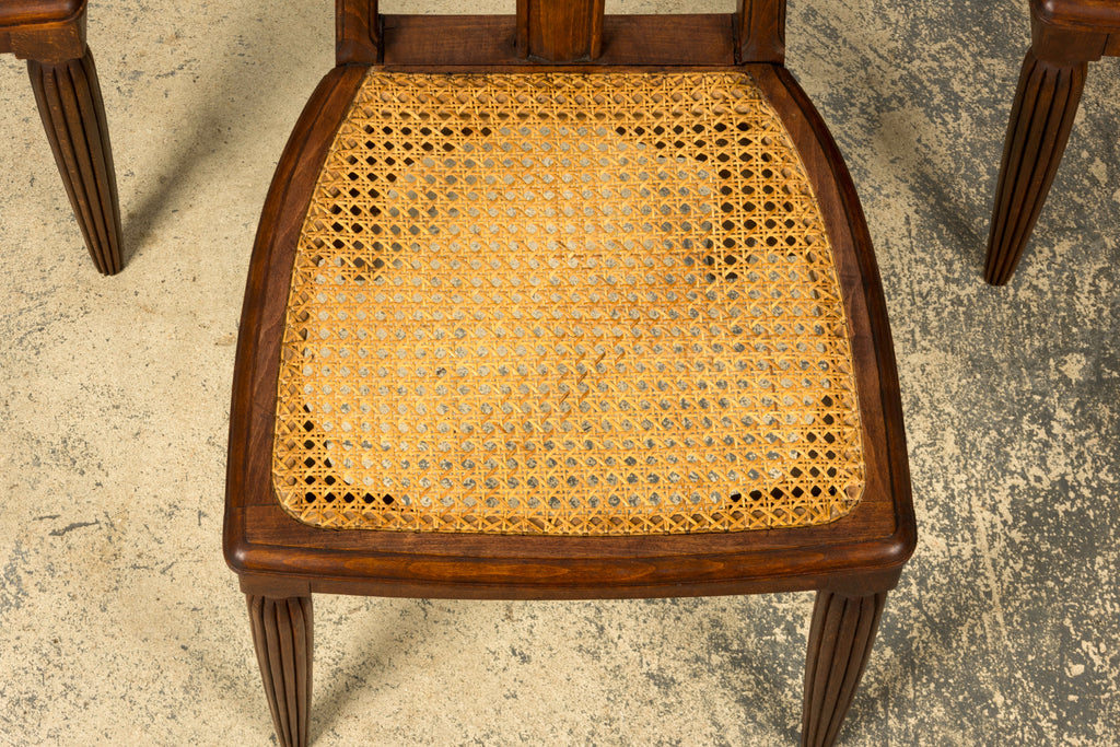 1930s Set of Six French Art Deco Carved Maple & Cane Dining Chairs