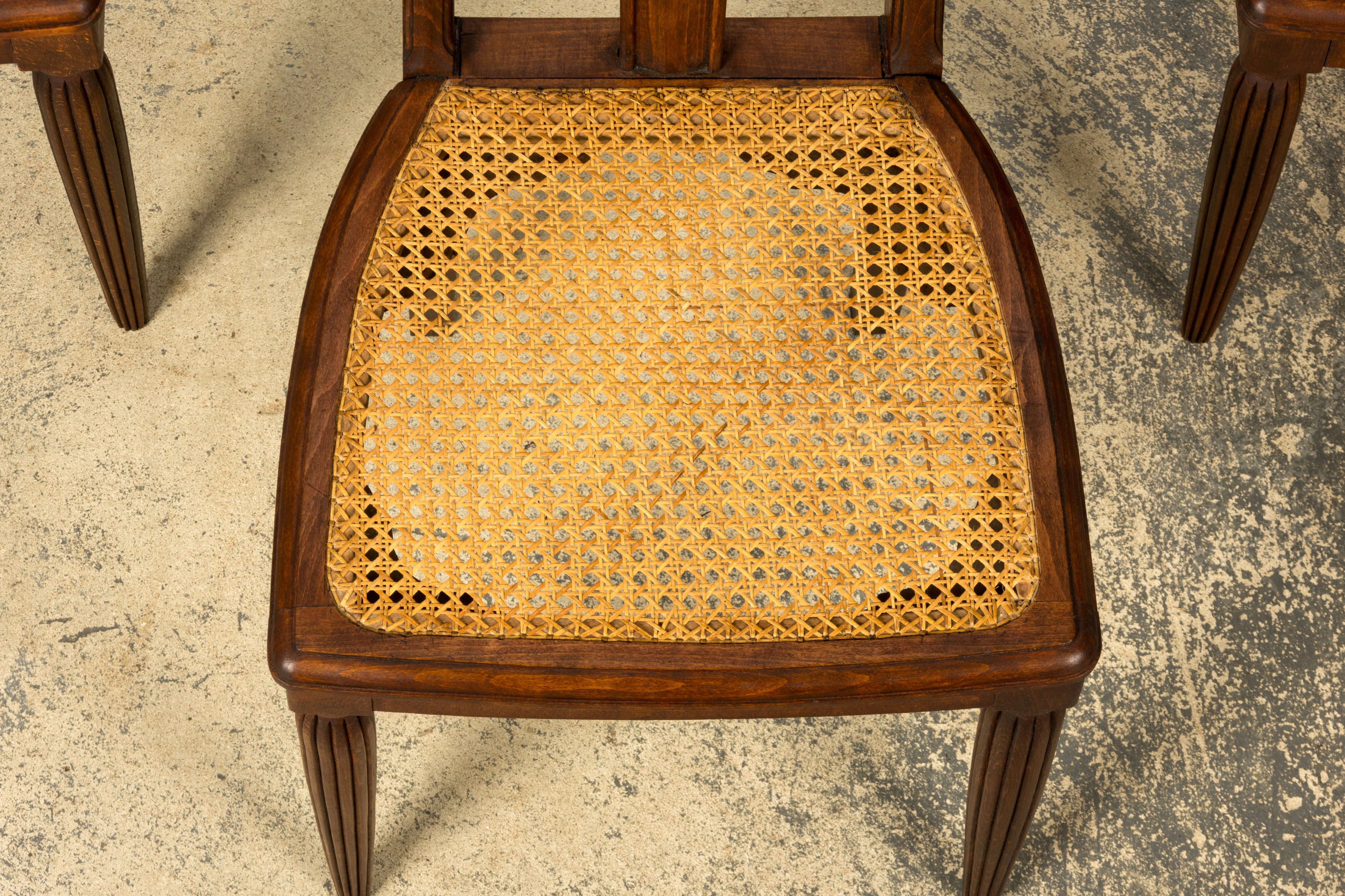 1930s Set of Six French Art Deco Carved Maple & Cane Dining Chairs