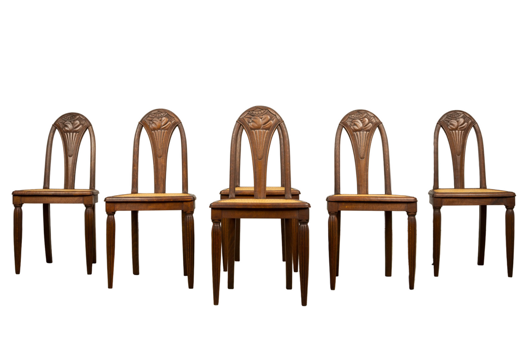 1930s Set of Six French Art Deco Carved Maple & Cane Dining Chairs