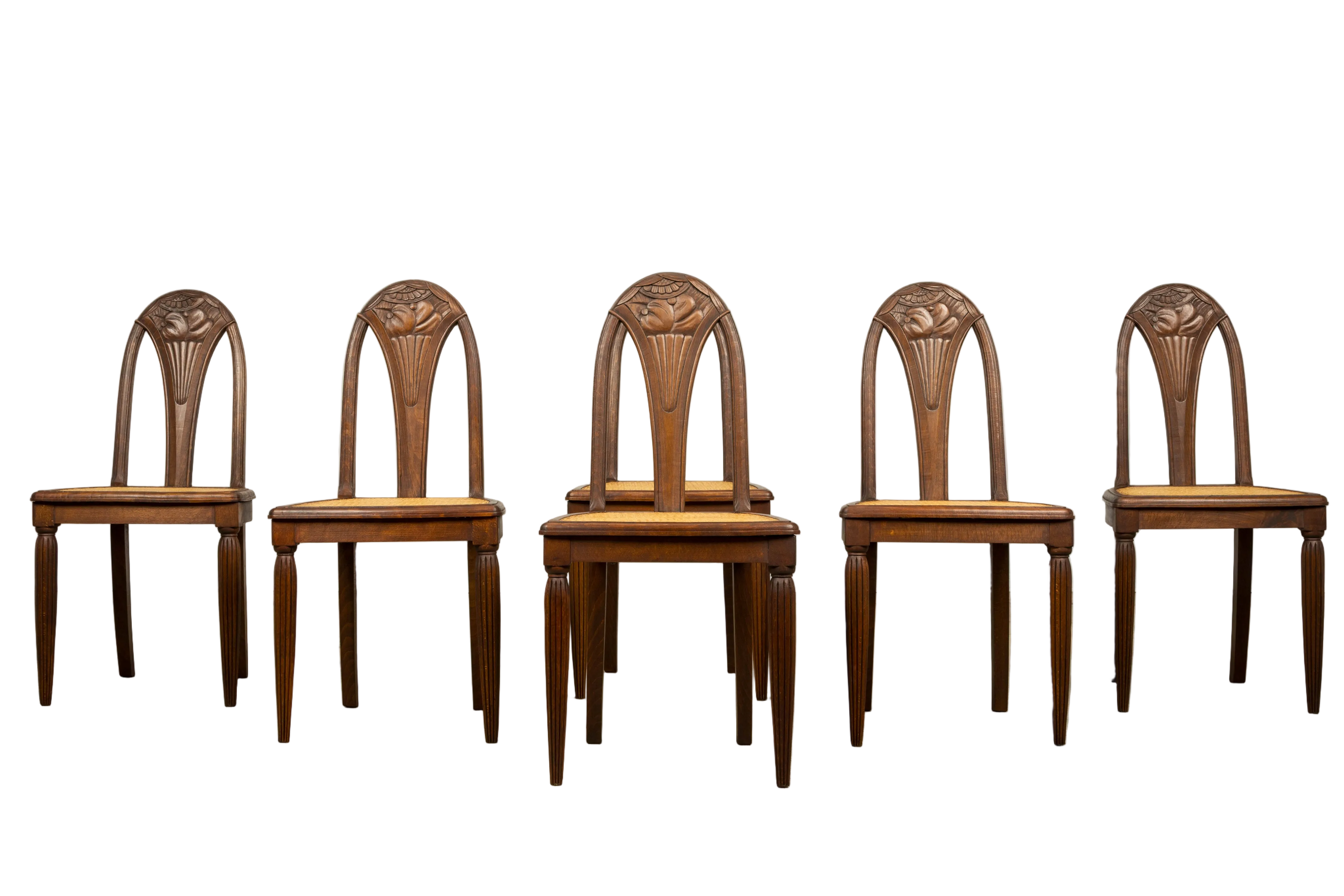 1930s Set of Six French Art Deco Carved Maple & Cane Dining Chairs