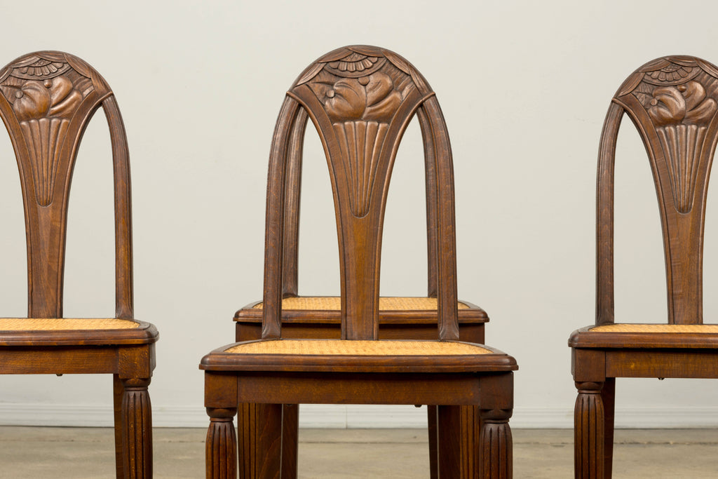 1930s Set of Six French Art Deco Carved Maple & Cane Dining Chairs