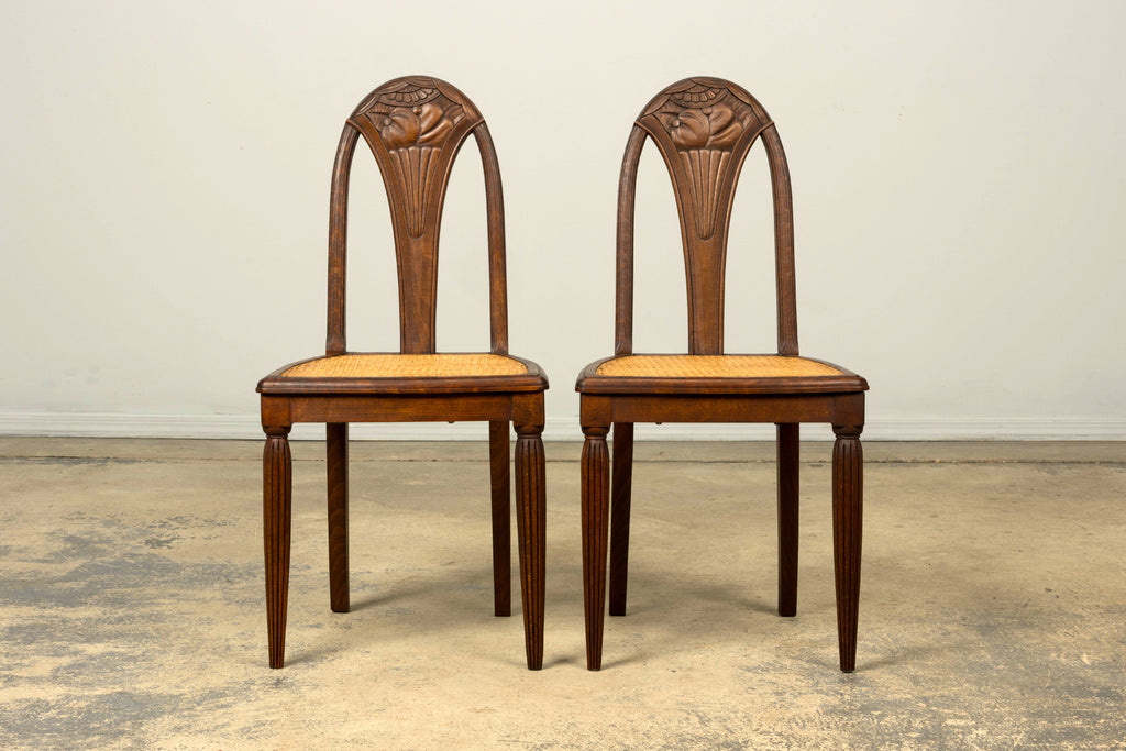 1930s Set of Six French Art Deco Carved Maple & Cane Dining Chairs