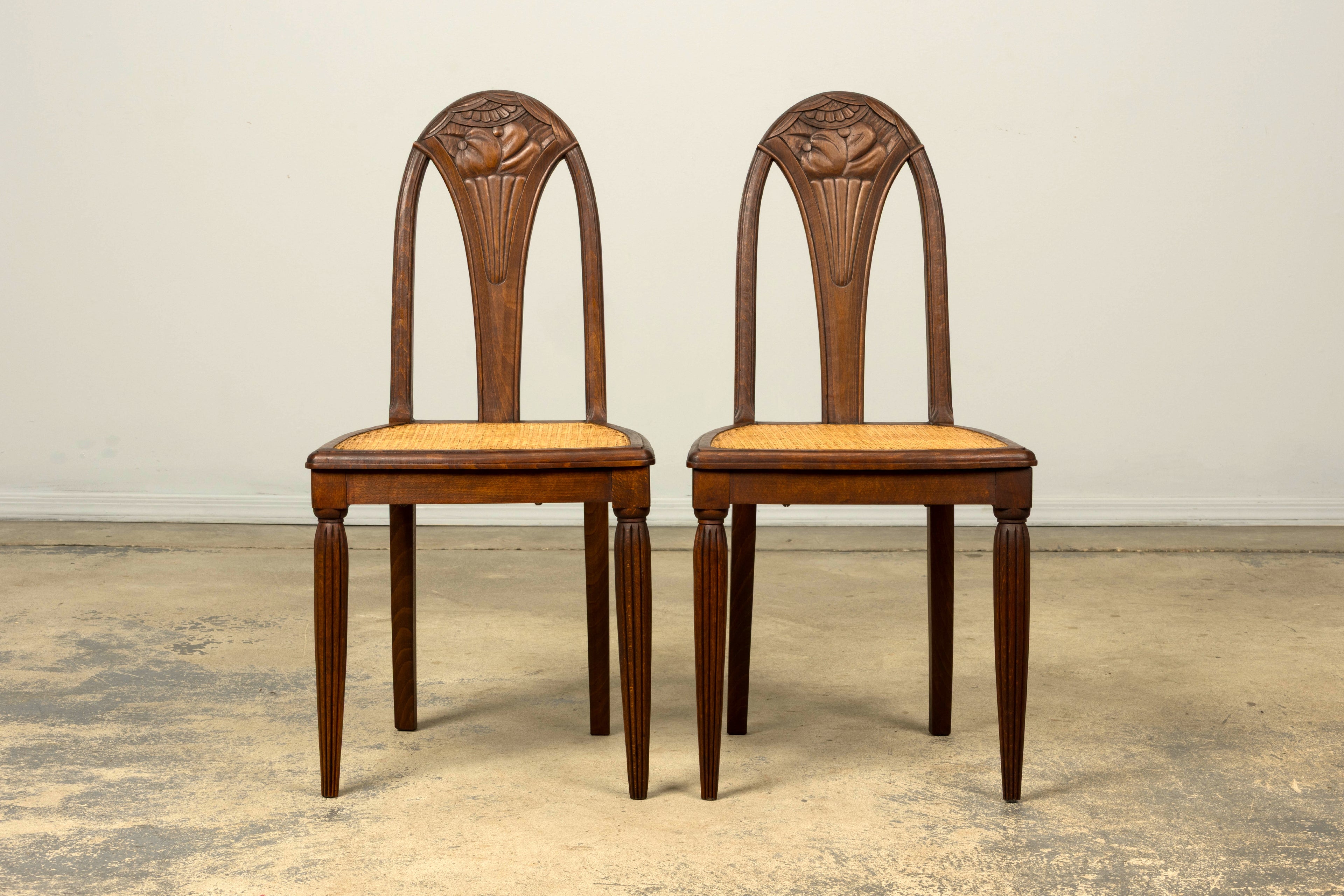 1930s Set of Six French Art Deco Carved Maple & Cane Dining Chairs