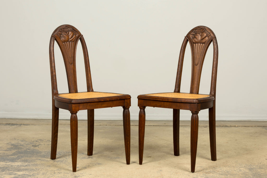 1930s Set of Six French Art Deco Carved Maple & Cane Dining Chairs