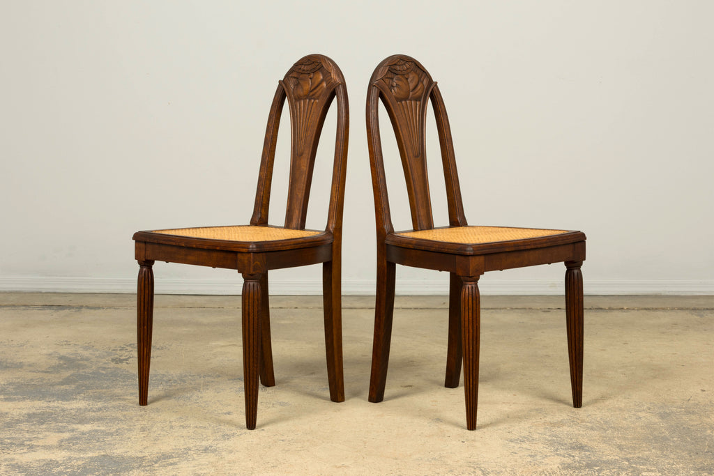 1930s Set of Six French Art Deco Carved Maple & Cane Dining Chairs