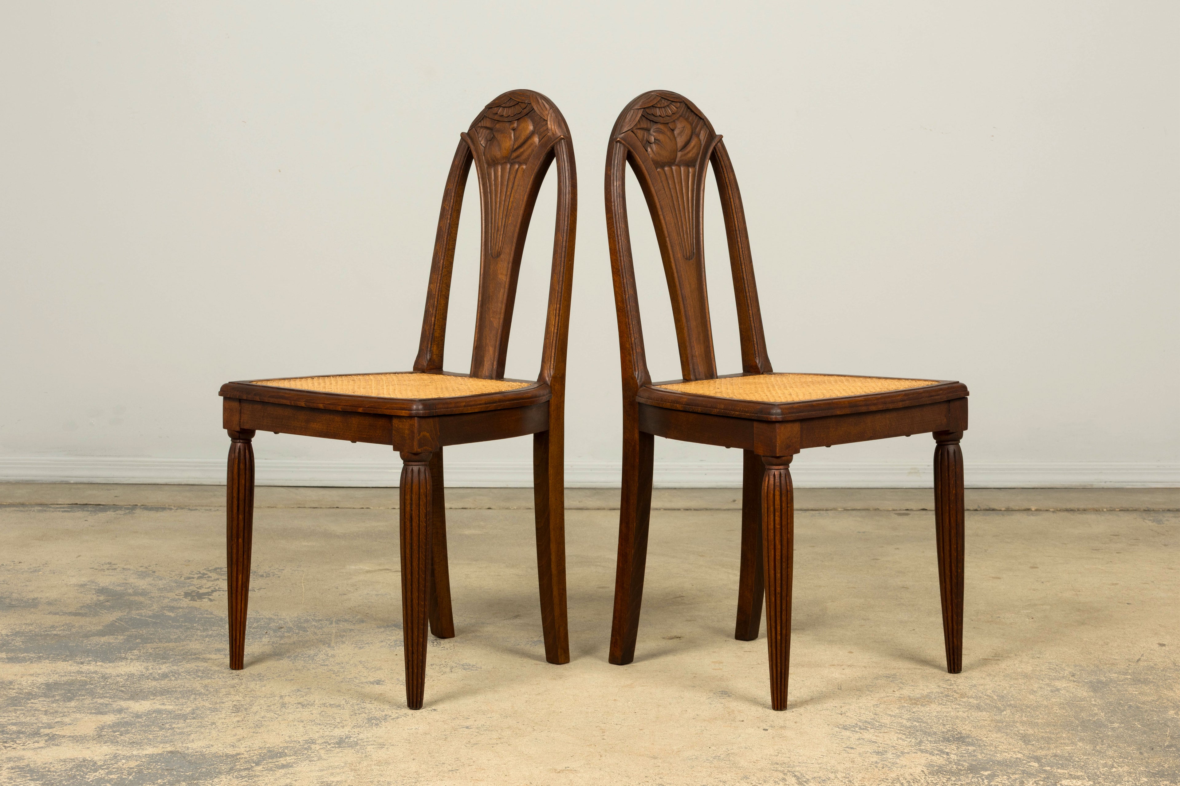 1930s Set of Six French Art Deco Carved Maple & Cane Dining Chairs