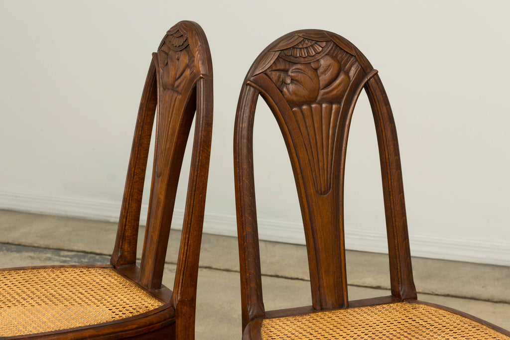 1930s Set of Six French Art Deco Carved Maple & Cane Dining Chairs