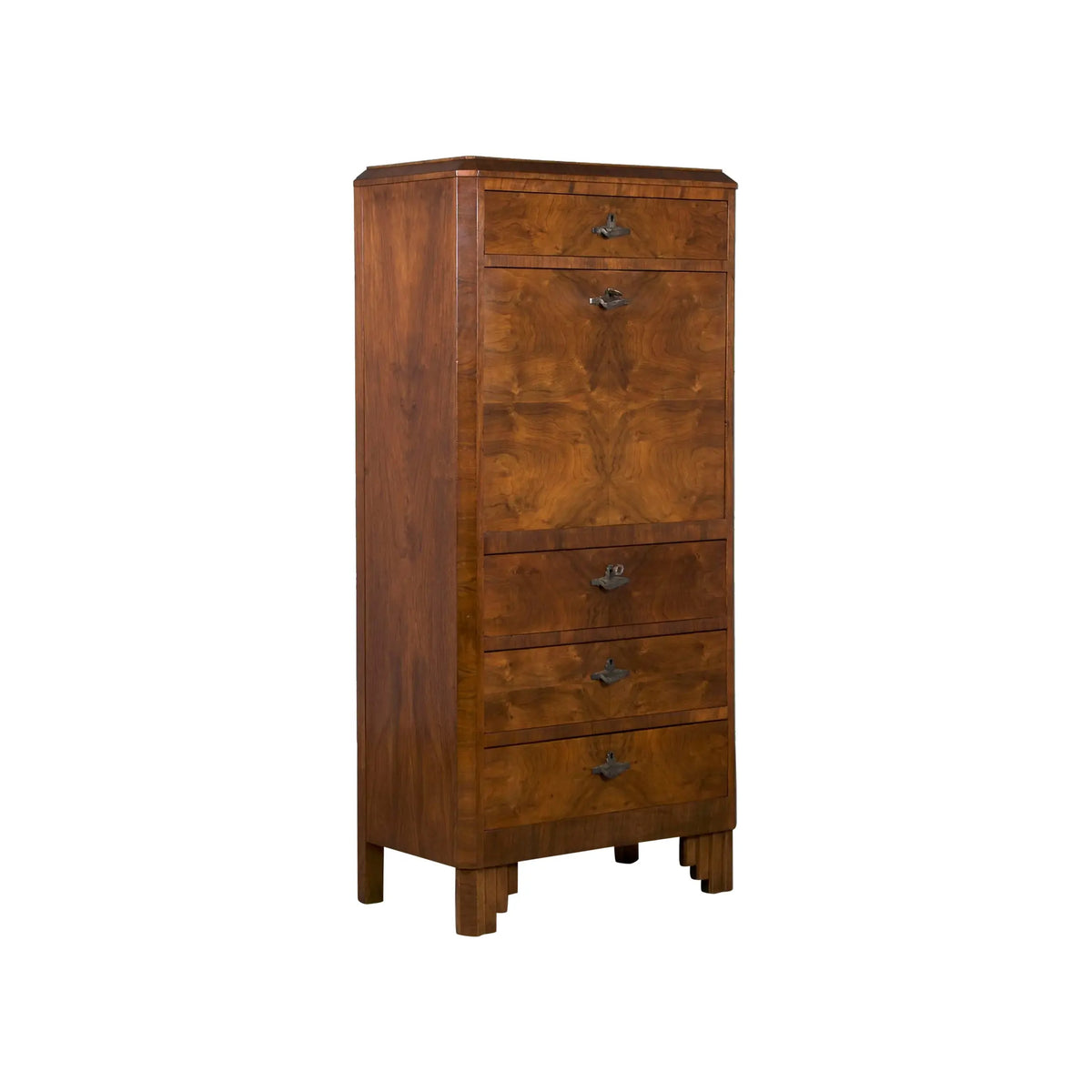 1930s French Art Deco Burl Walnut Secretary Desk Cabinet