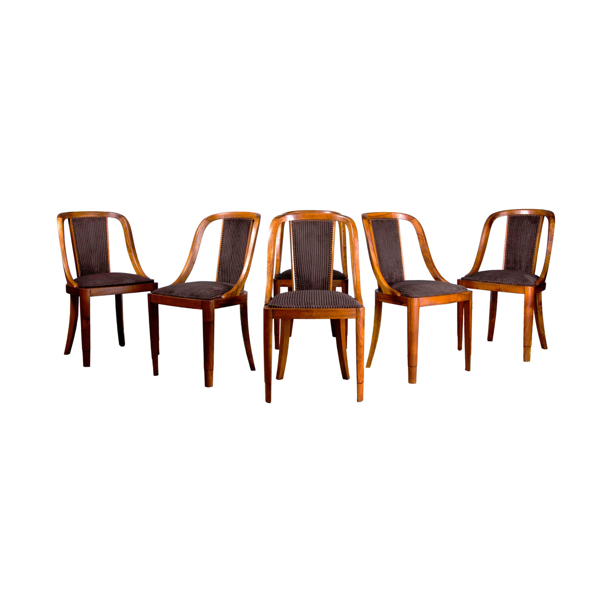 1930s French Art Deco Gondola Walnut Dining Chairs W/ Striped Brown Velvet - Set of 6