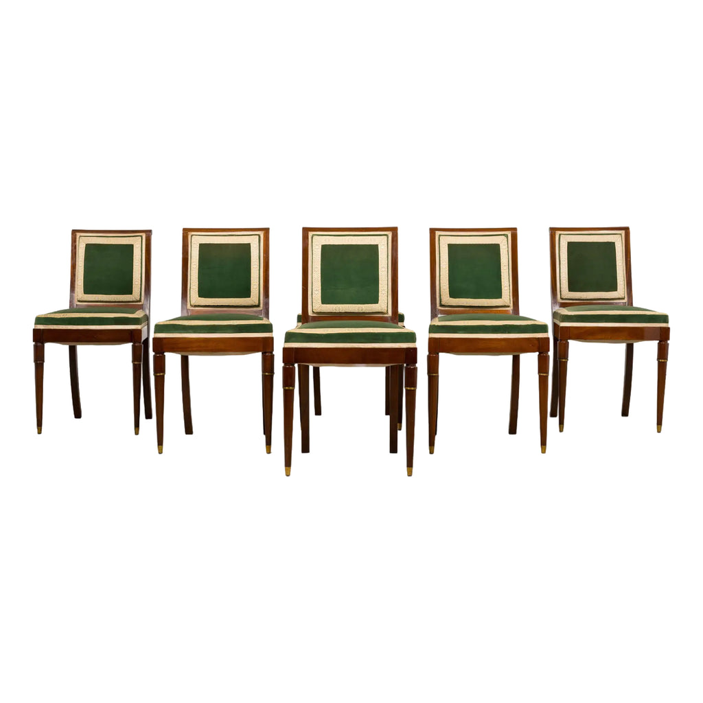 1930s French Art Deco Mahogany Dining Chairs in Olive Green Velvet - Set of 6