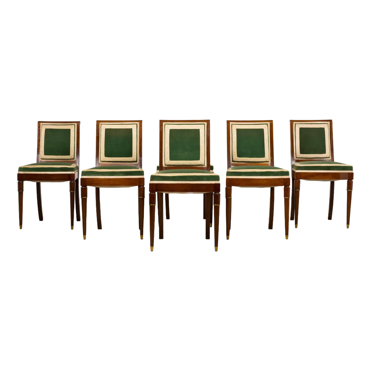 ON HOLD 1930s French Art Deco Mahogany Dining Chairs in Green Velvet - Set of 6