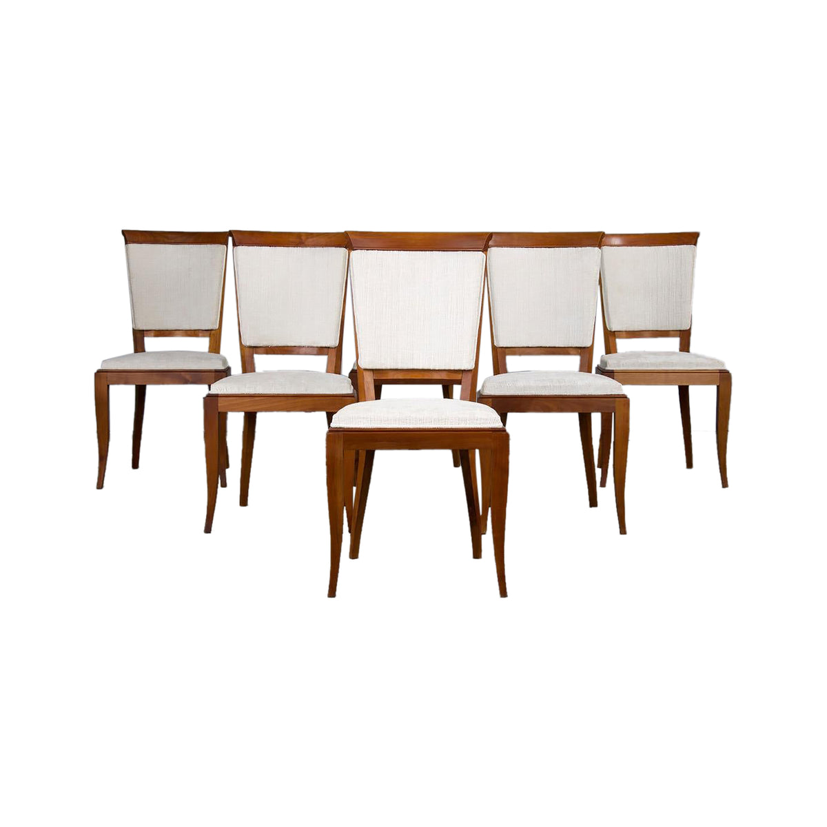 1930s French Art Deco Maple Dining Chairs W/ Off-White Chenille - Set of 6