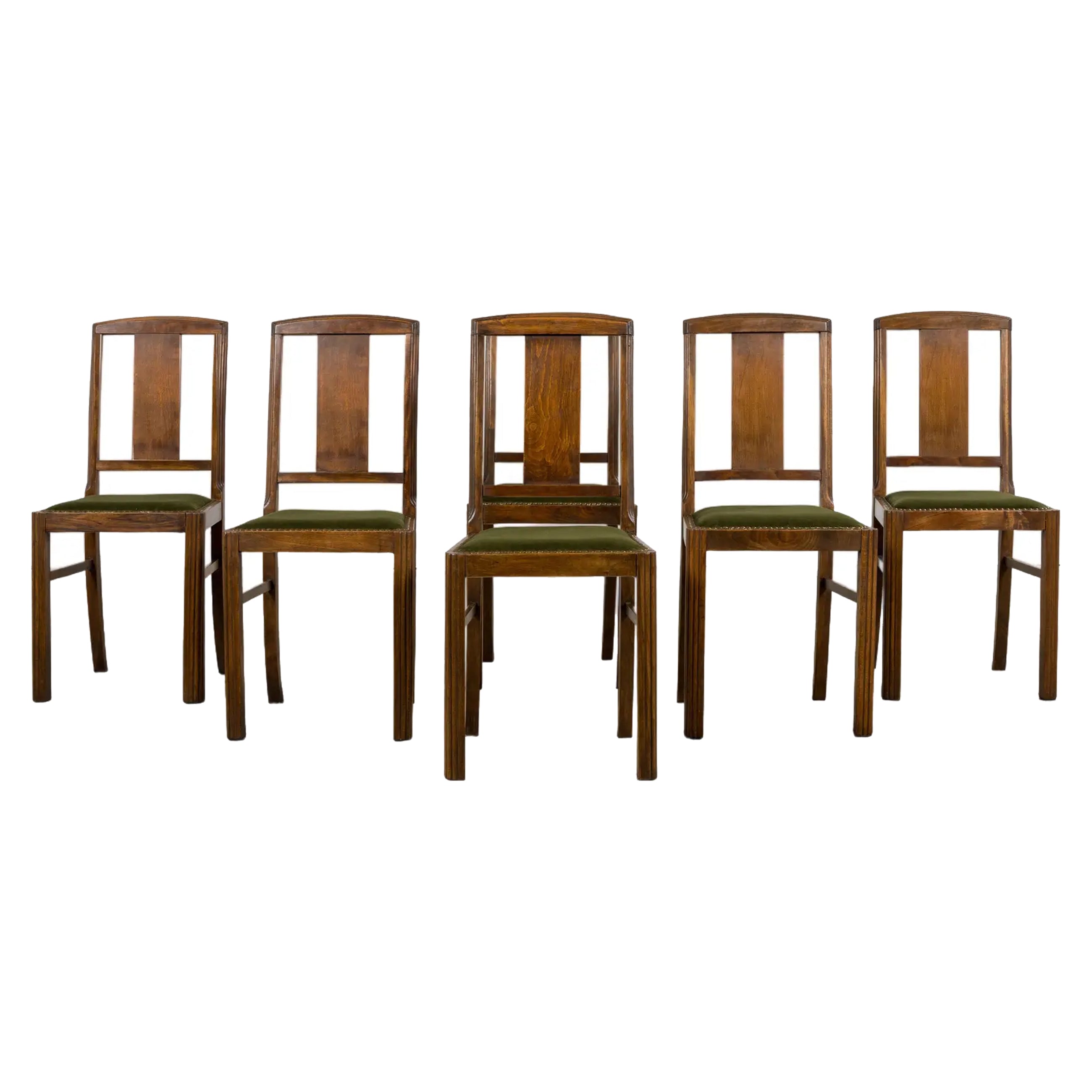 1930s French Art Deco Maple Dining Chairs W/ Olive Green Velvet - Set of 6