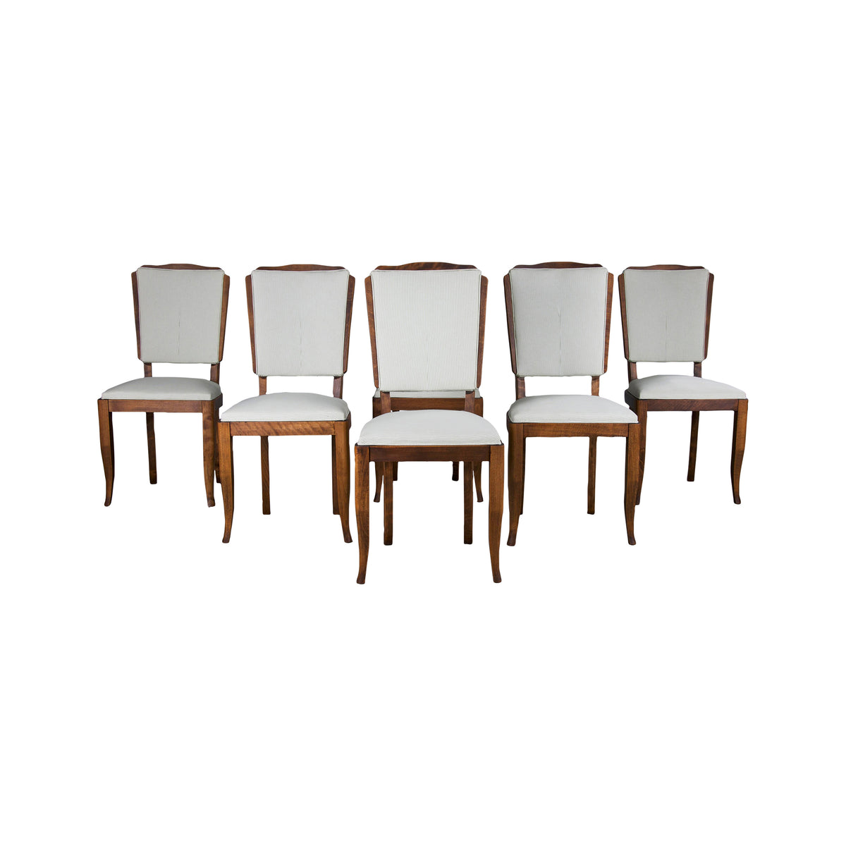 1930s French Art Deco Maple Dining Chairs W/ Striped White and Green Fabric - Set of 6