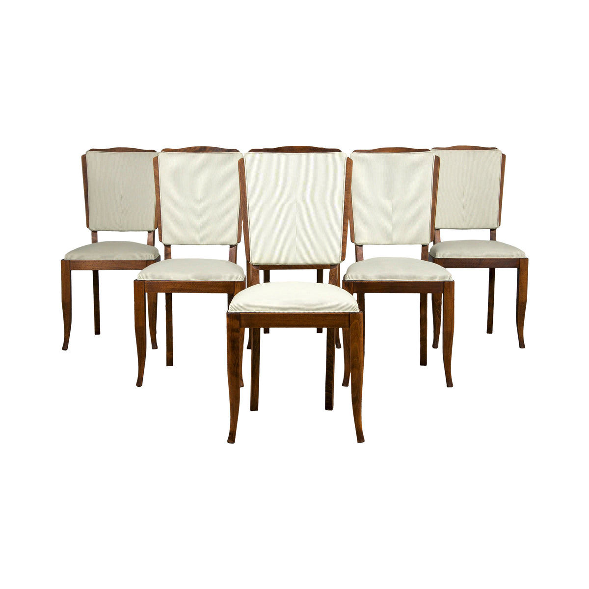1930s French Art Deco Maple Dining Chairs W/ Striped White and Green Fabric - Set of 6