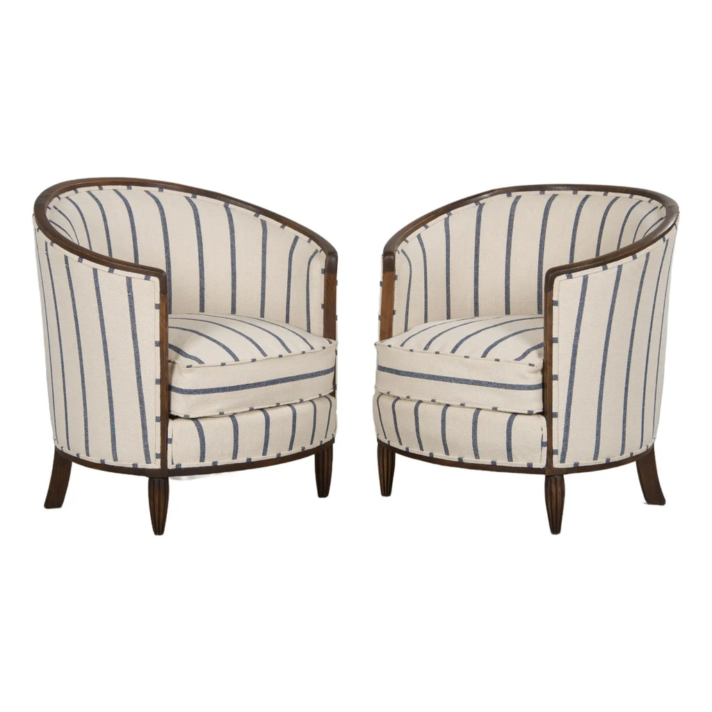 1930s French Art Deco Maple Tub Chairs in Striped Fabric - A Pair