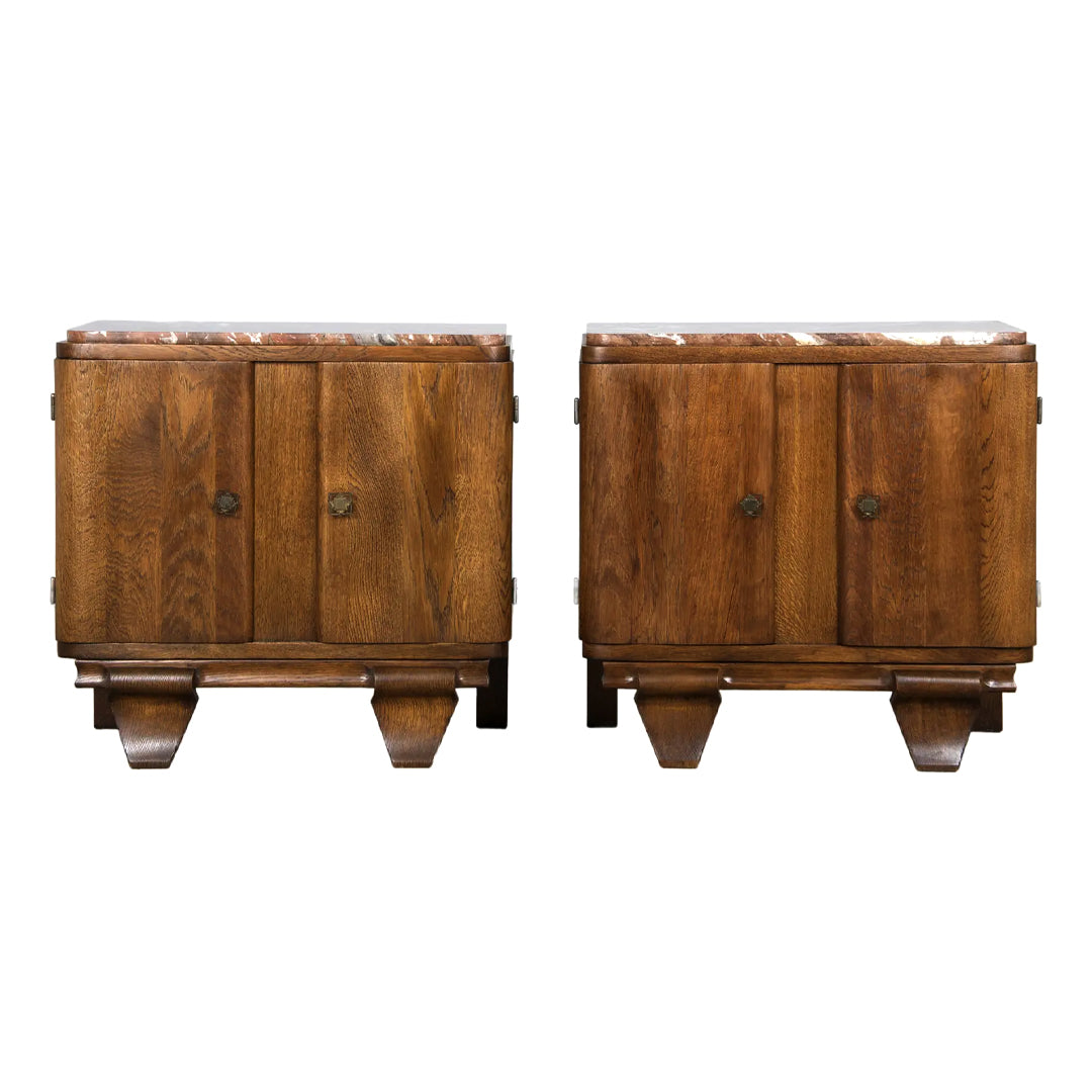 1930s French Art Deco Oak Nightstands W/ Red Marble Tops - A Pair
