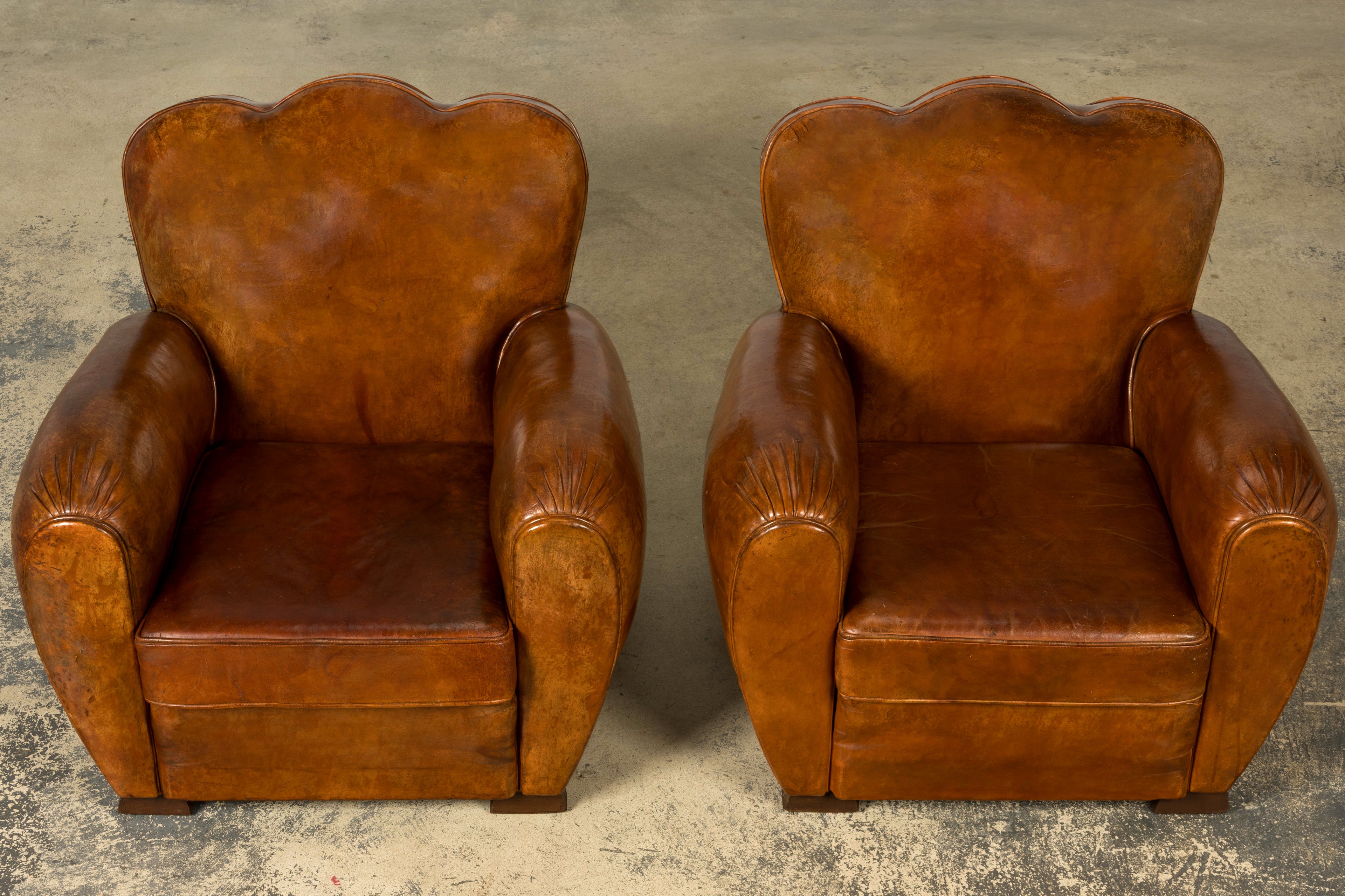 1930s French Art Deco Scalloped Back Cognac Leather Club Chairs, Pair