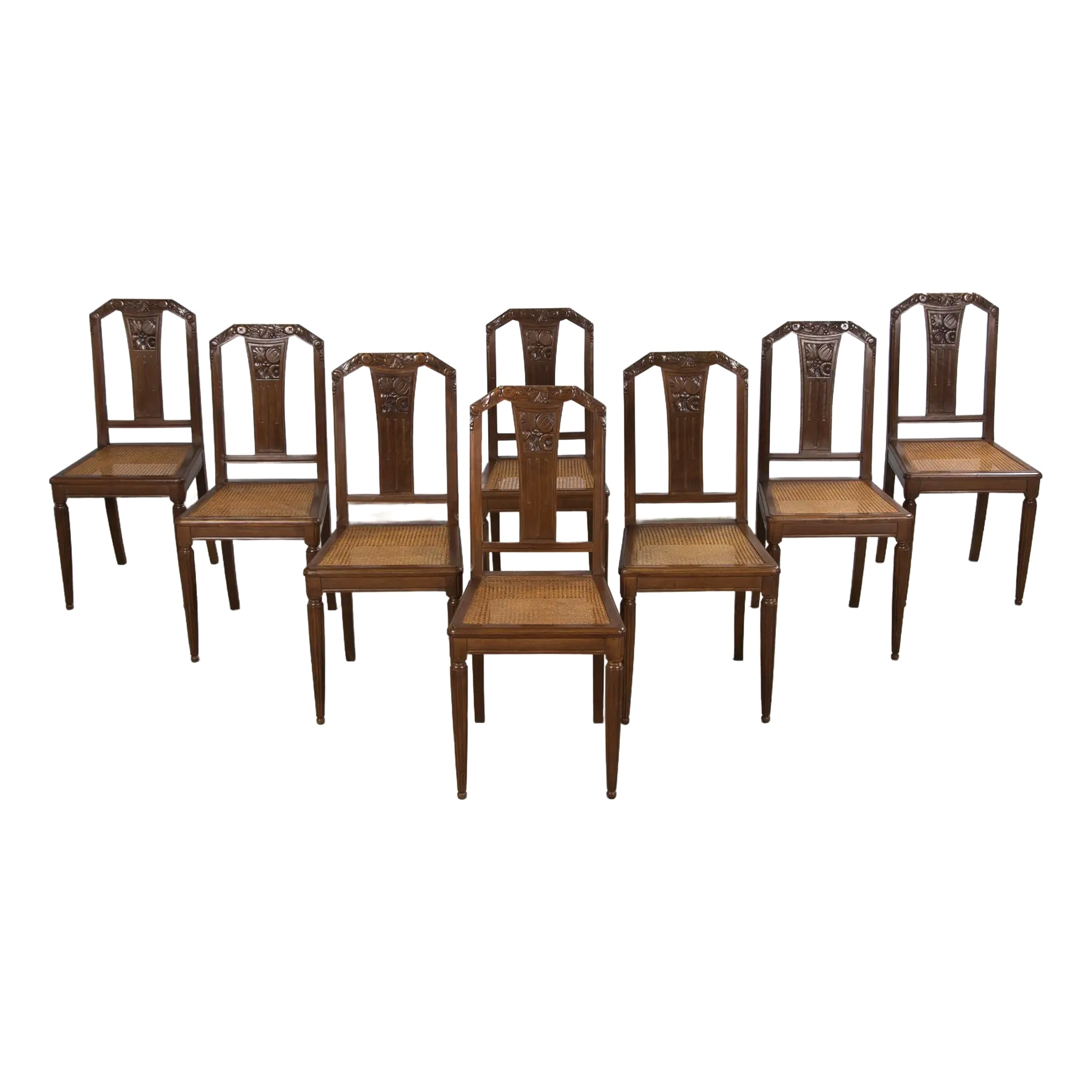 1930s French Art Deco Walnut Dining Chairs W/ Cane Seats - Set of