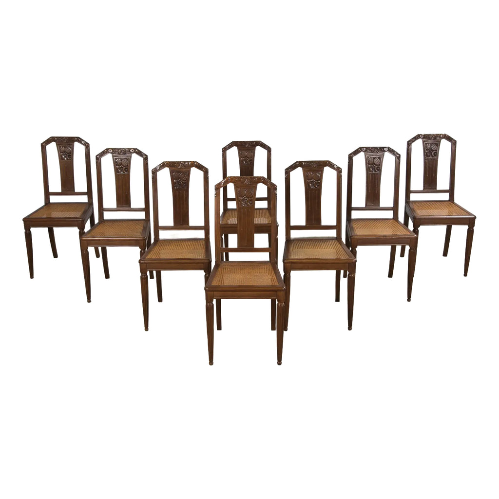 1930s French Art Deco Walnut Dining Chairs W/ Cane Seats - Set of 8