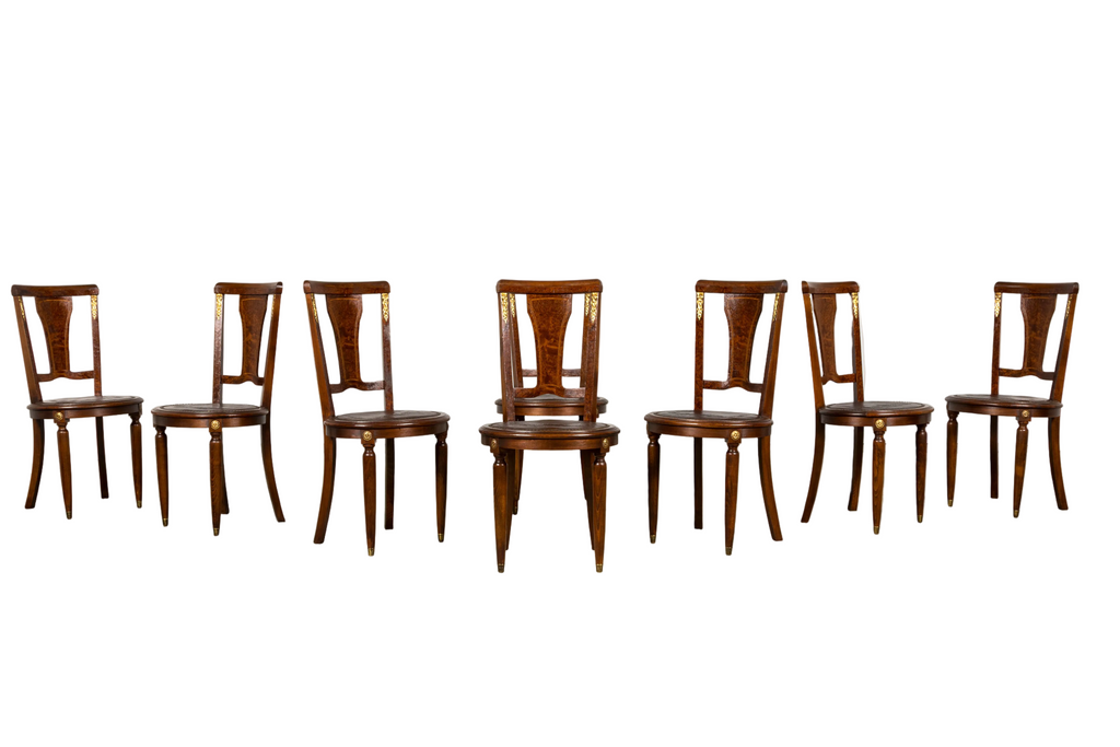 1930s French Art Deco Walnut Dining Chairs With Leather Seats, Set of 8