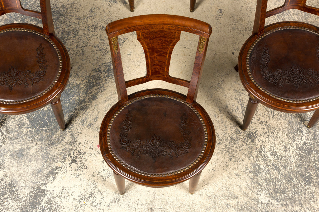 1930s French Art Deco Walnut Dining Chairs With Leather Seats, Set of 8
