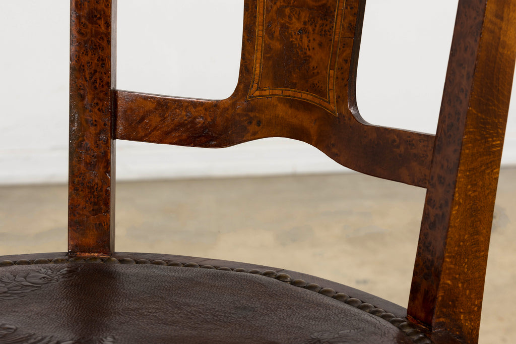 1930s French Art Deco Walnut Dining Chairs With Leather Seats, Set of 8
