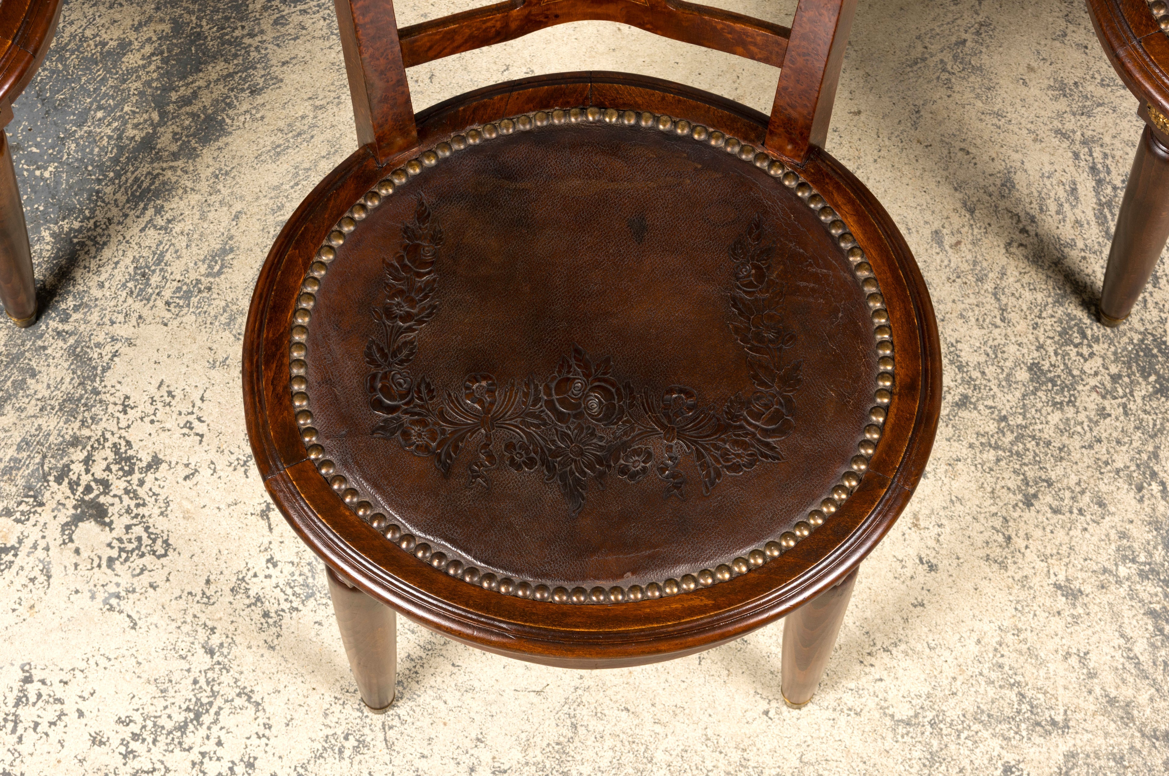 1930s French Art Deco Walnut Dining Chairs With Leather Seats, Set of 8