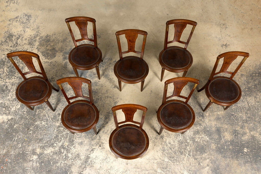 1930s French Art Deco Walnut Dining Chairs With Leather Seats, Set of 8