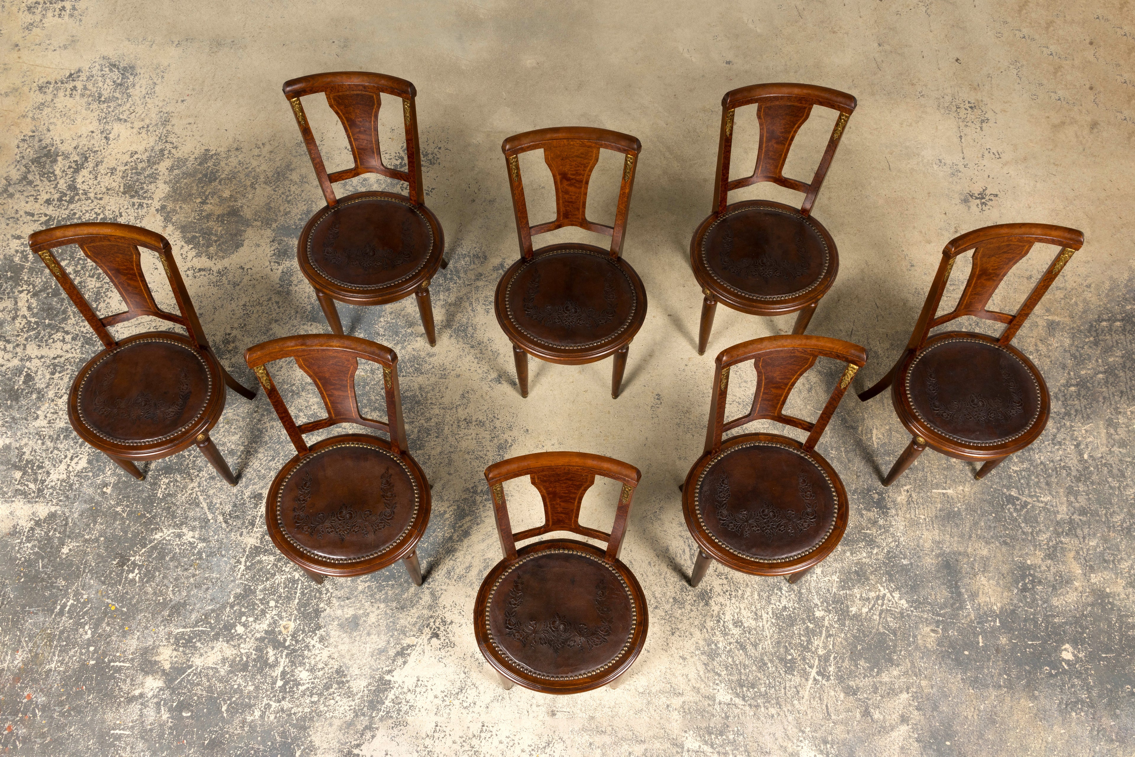 1930s French Art Deco Walnut Dining Chairs With Leather Seats, Set of 8