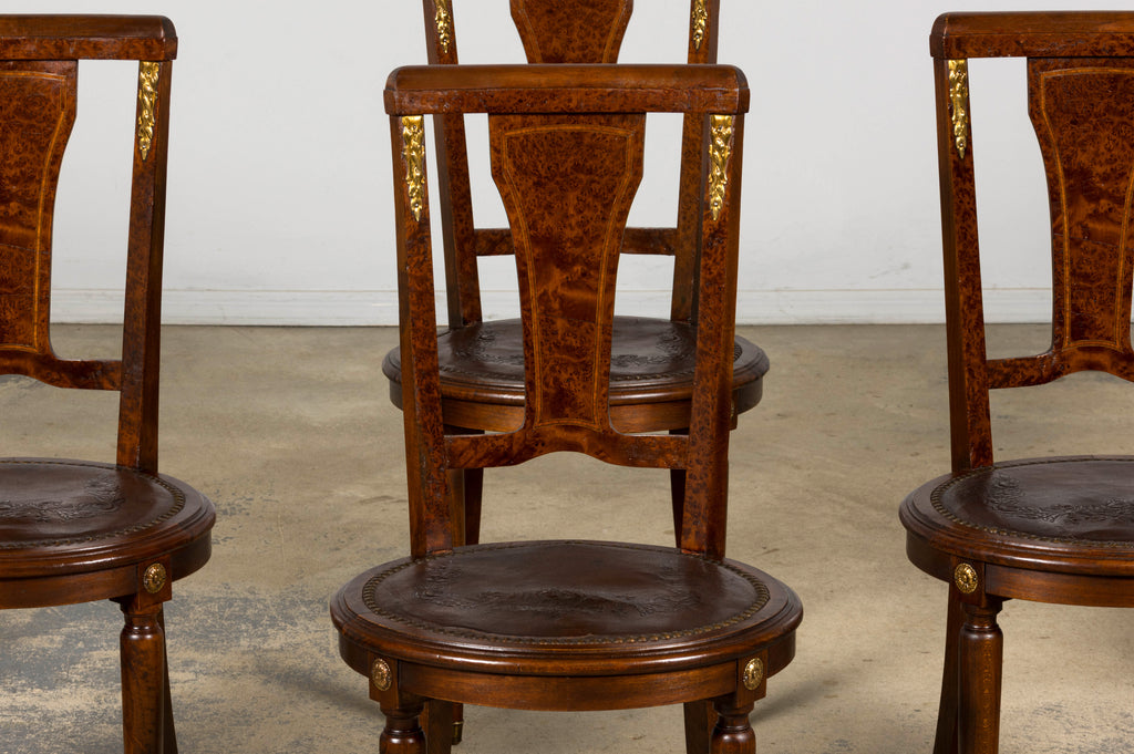 1930s French Art Deco Walnut Dining Chairs With Leather Seats, Set of 8