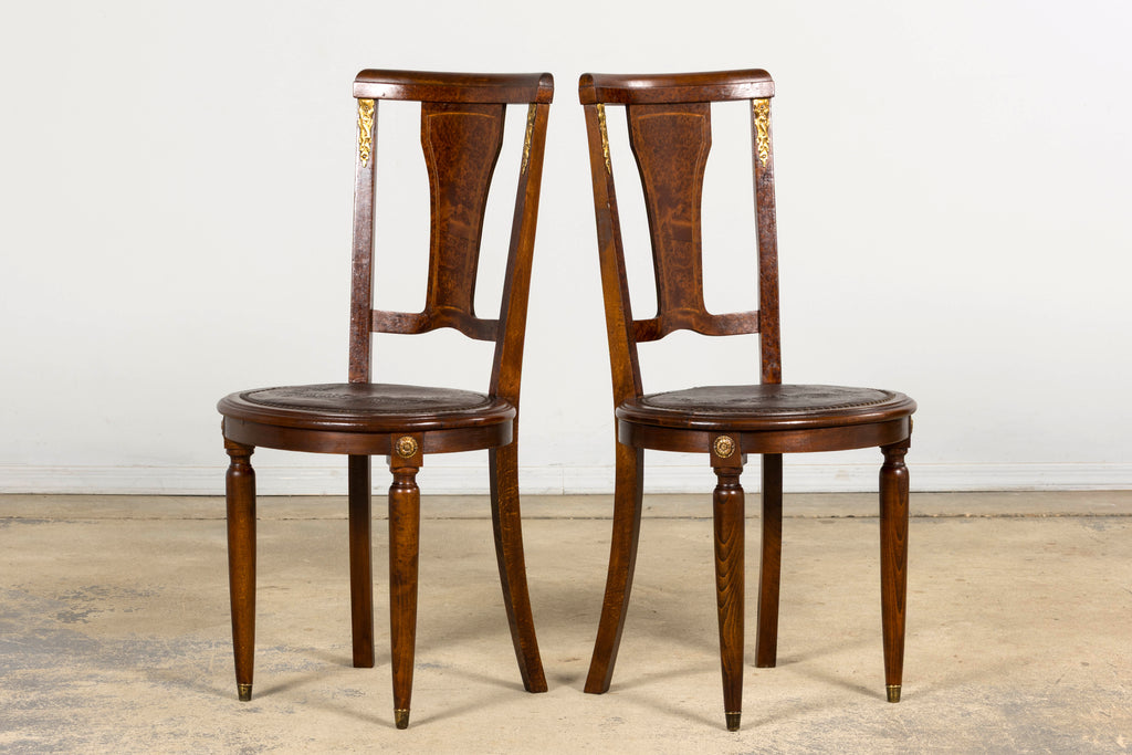 1930s French Art Deco Walnut Dining Chairs With Leather Seats, Set of 8