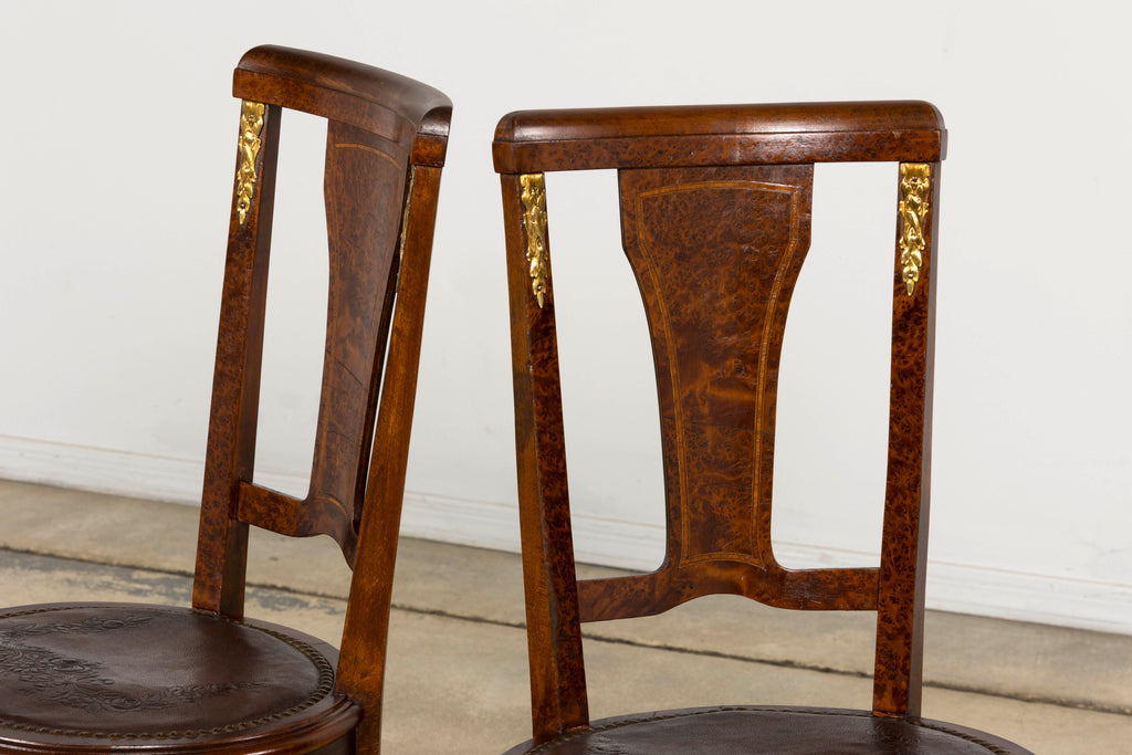 1930s French Art Deco Walnut Dining Chairs With Leather Seats, Set of 8