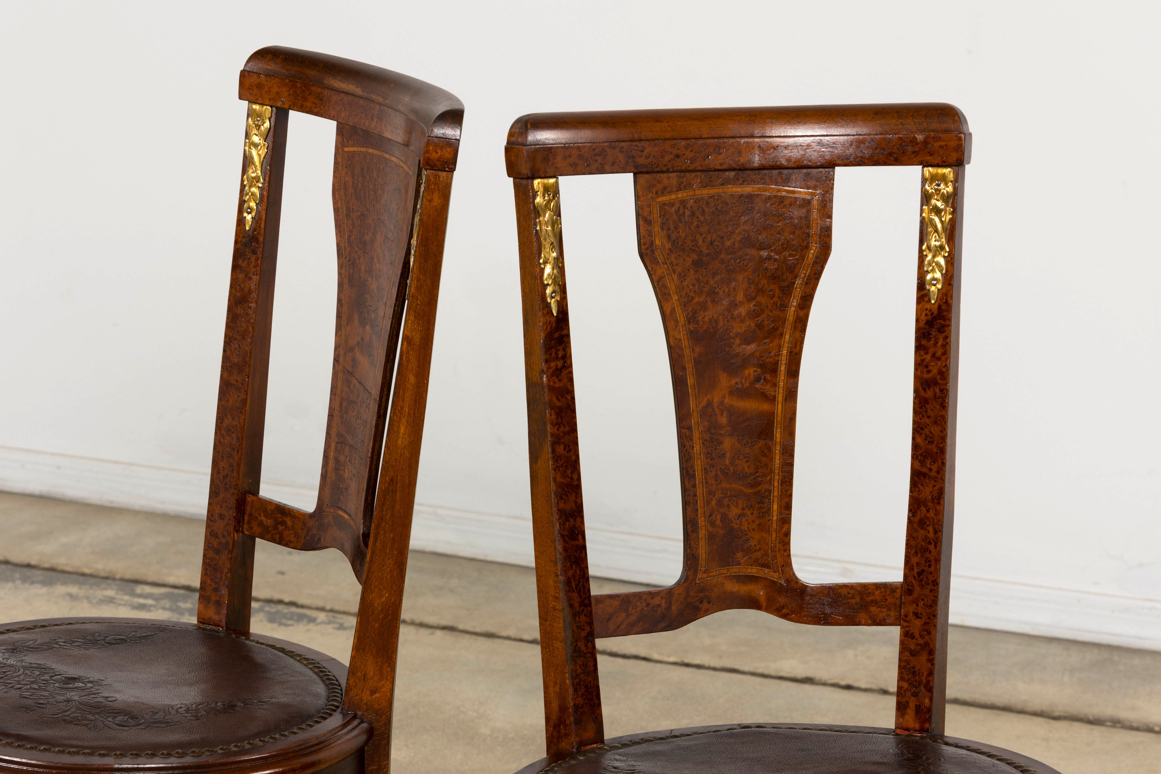 1930s French Art Deco Walnut Dining Chairs With Leather Seats, Set of 8