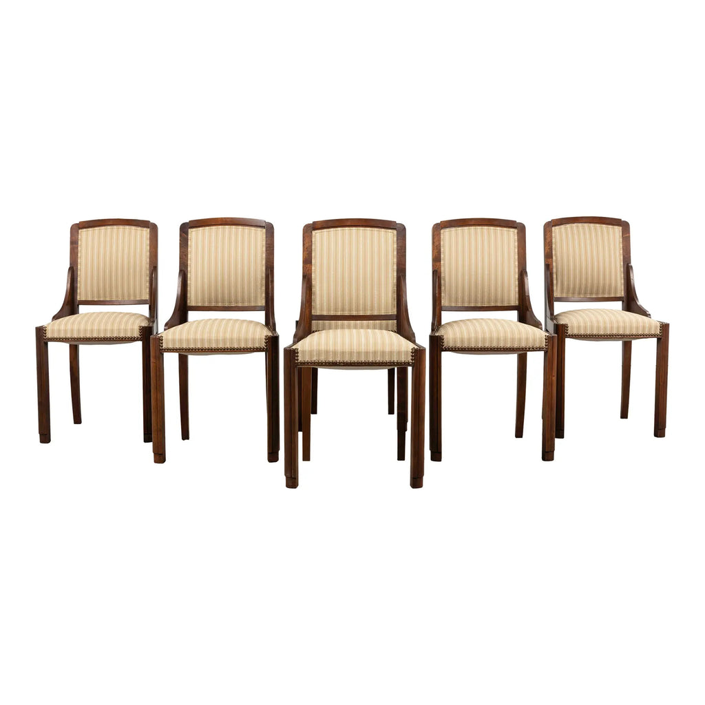 1930s French Art Deco Walnut Dining Chairs In Beige Stripe - Set of 6
