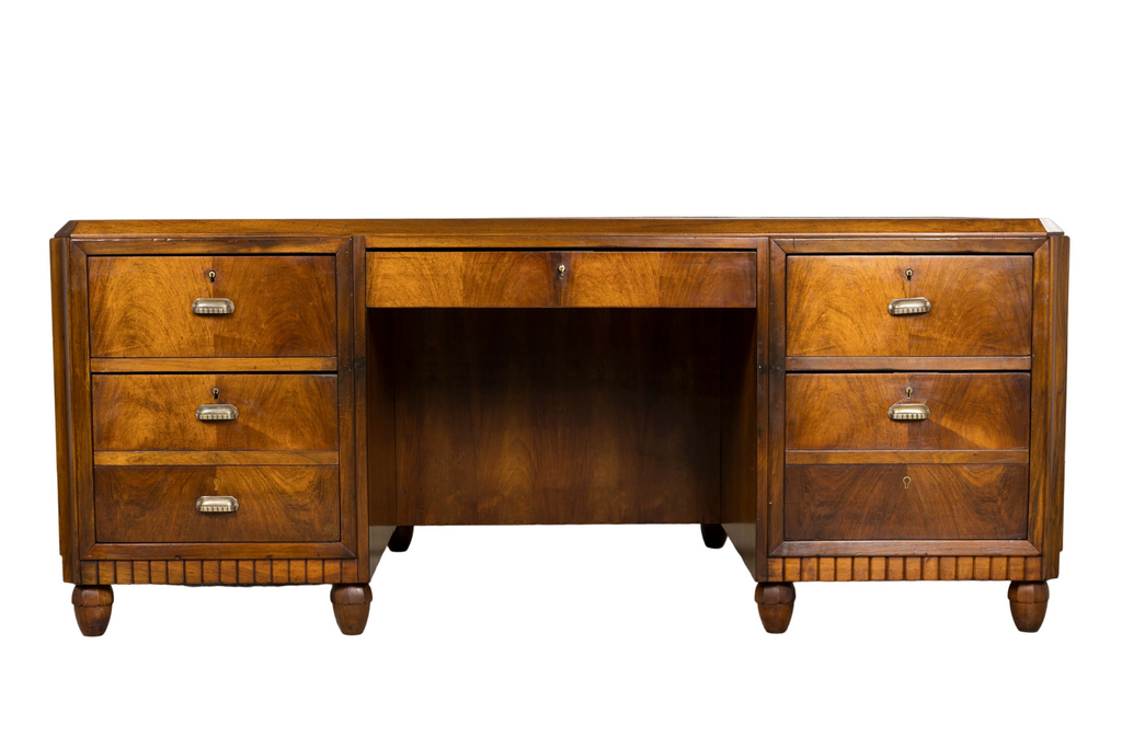 1930s French Art Deco Walnut Partner Desk with Leather Top