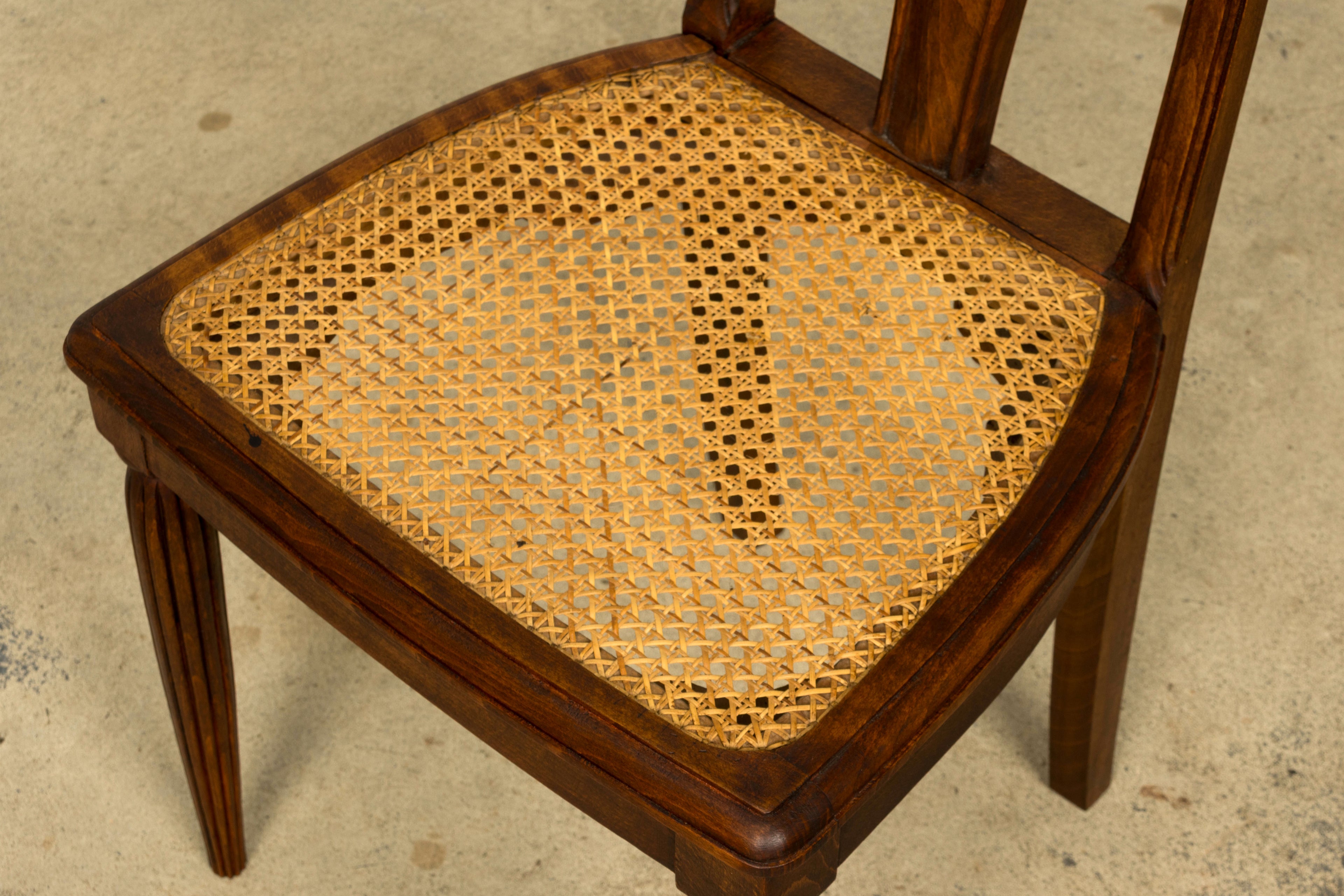 1930s Set of Six French Art Deco Carved Maple & Cane Dining Chairs