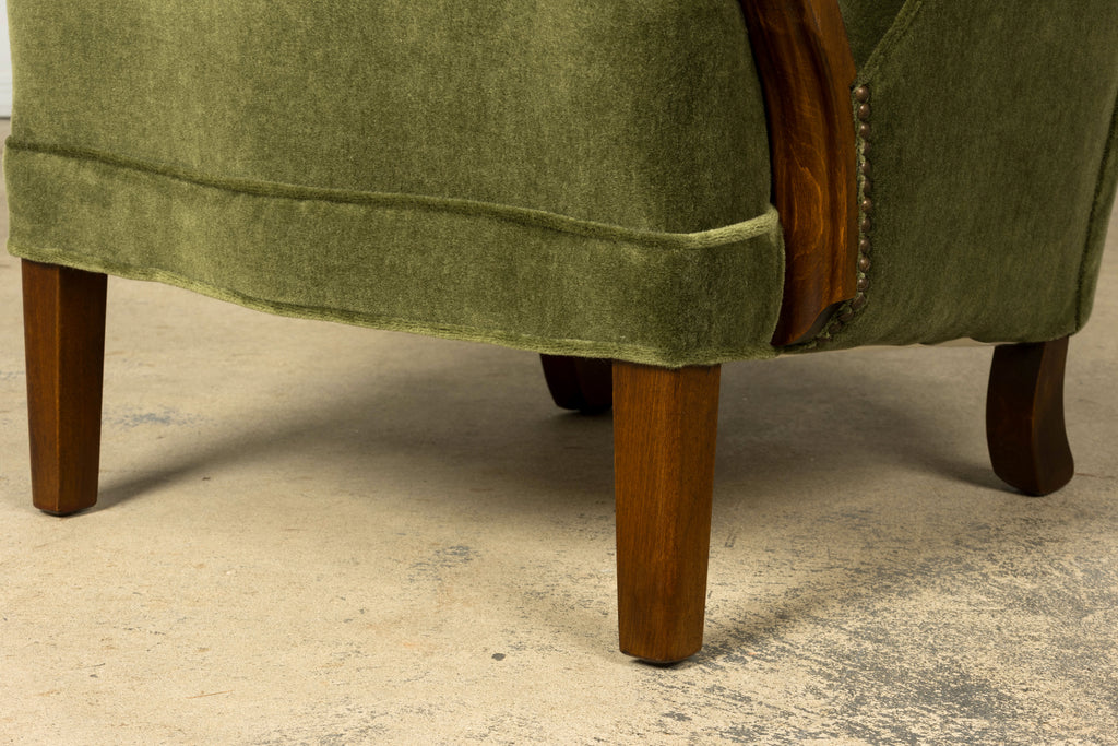 1940s Danish Art Deco Walnut Lounge Chairs by Alfred Christensen in Olive Green Mohair, Pair
