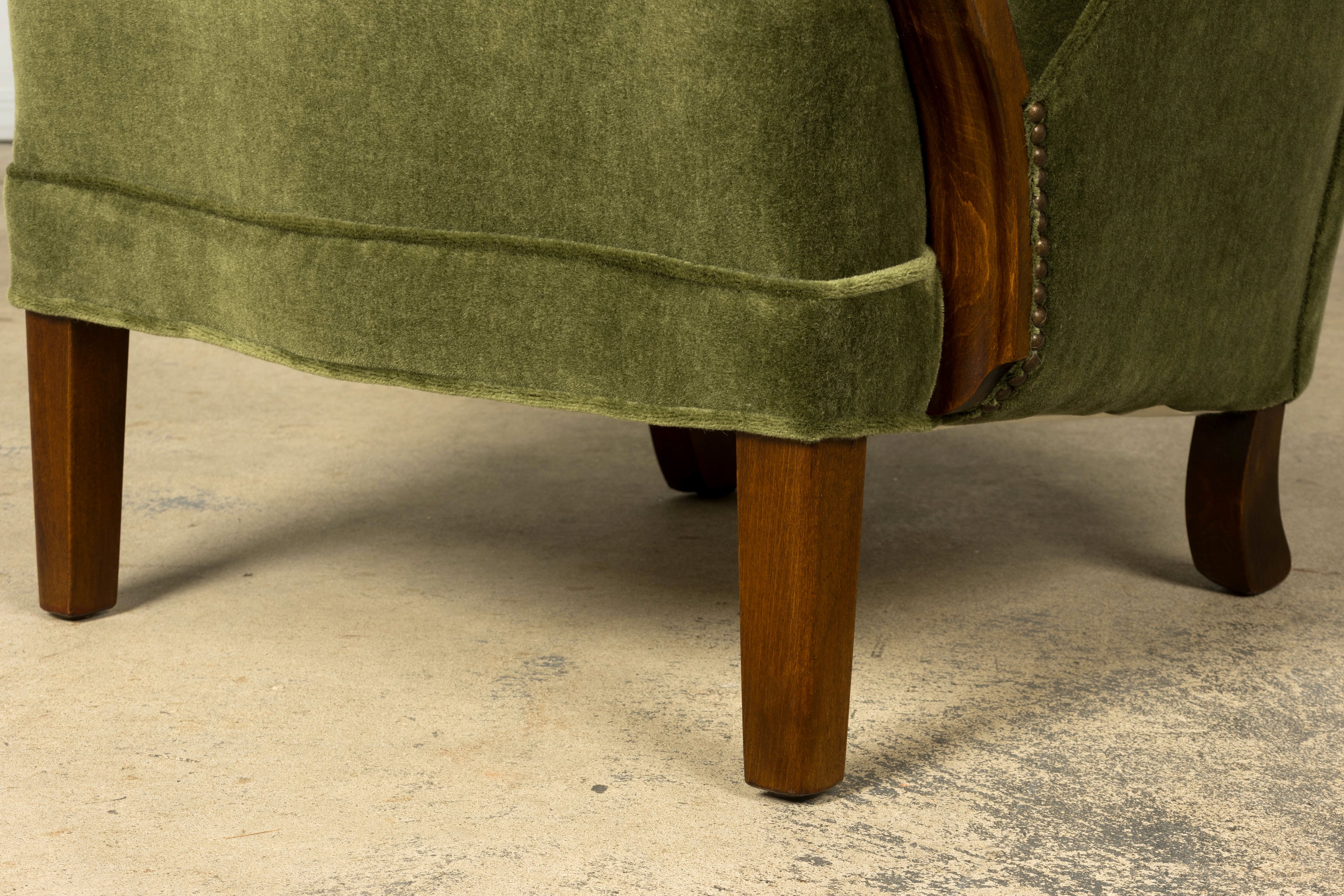 1940s Danish Art Deco Walnut Lounge Chairs by Alfred Christensen in Olive Green Mohair, Pair