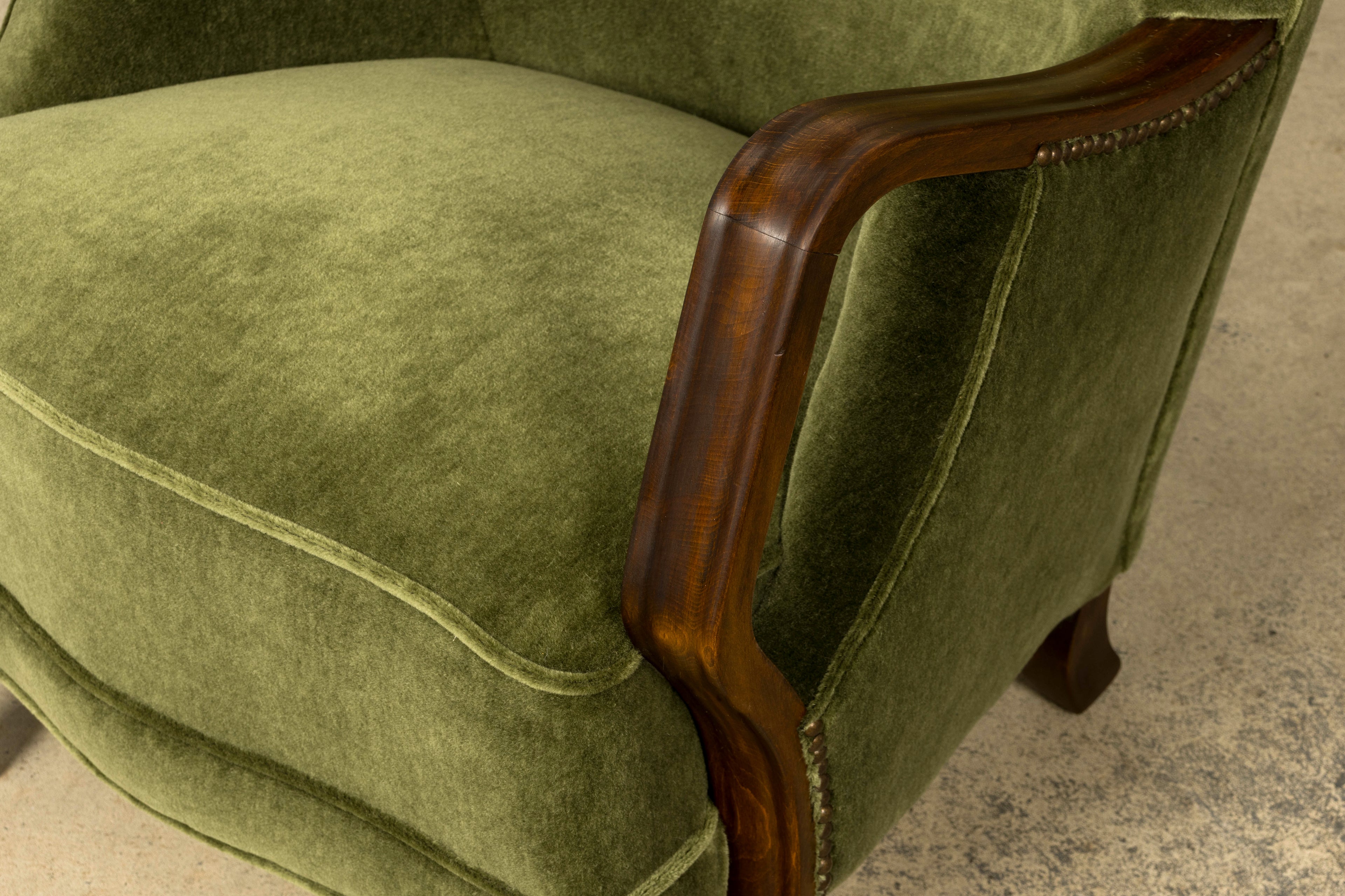 1940s Danish Art Deco Walnut Lounge Chairs by Alfred Christensen in Olive Green Mohair, Pair