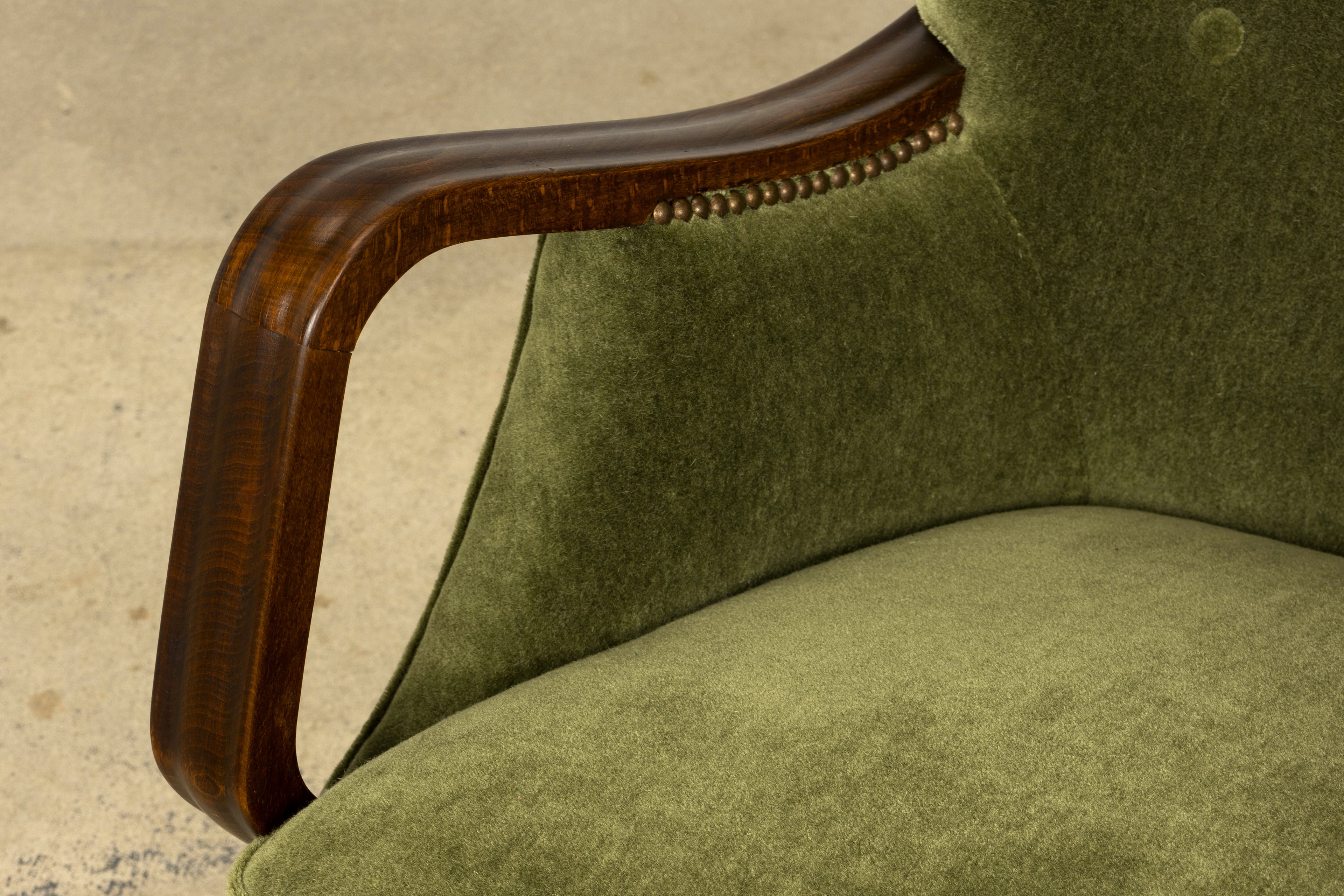 1940s Danish Art Deco Walnut Lounge Chairs by Alfred Christensen in Olive Green Mohair, Pair